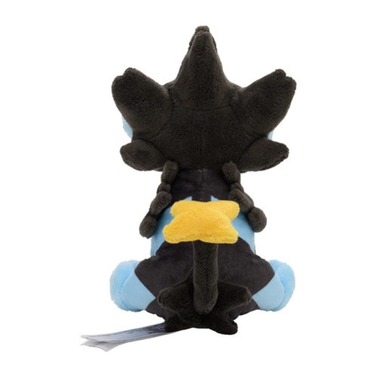 Rückansicht eines schwarz-blauen Plüschtiers einer katzenartigen Kreatur mit gelber Schwanzspitze, Zöpfen und Ohren.