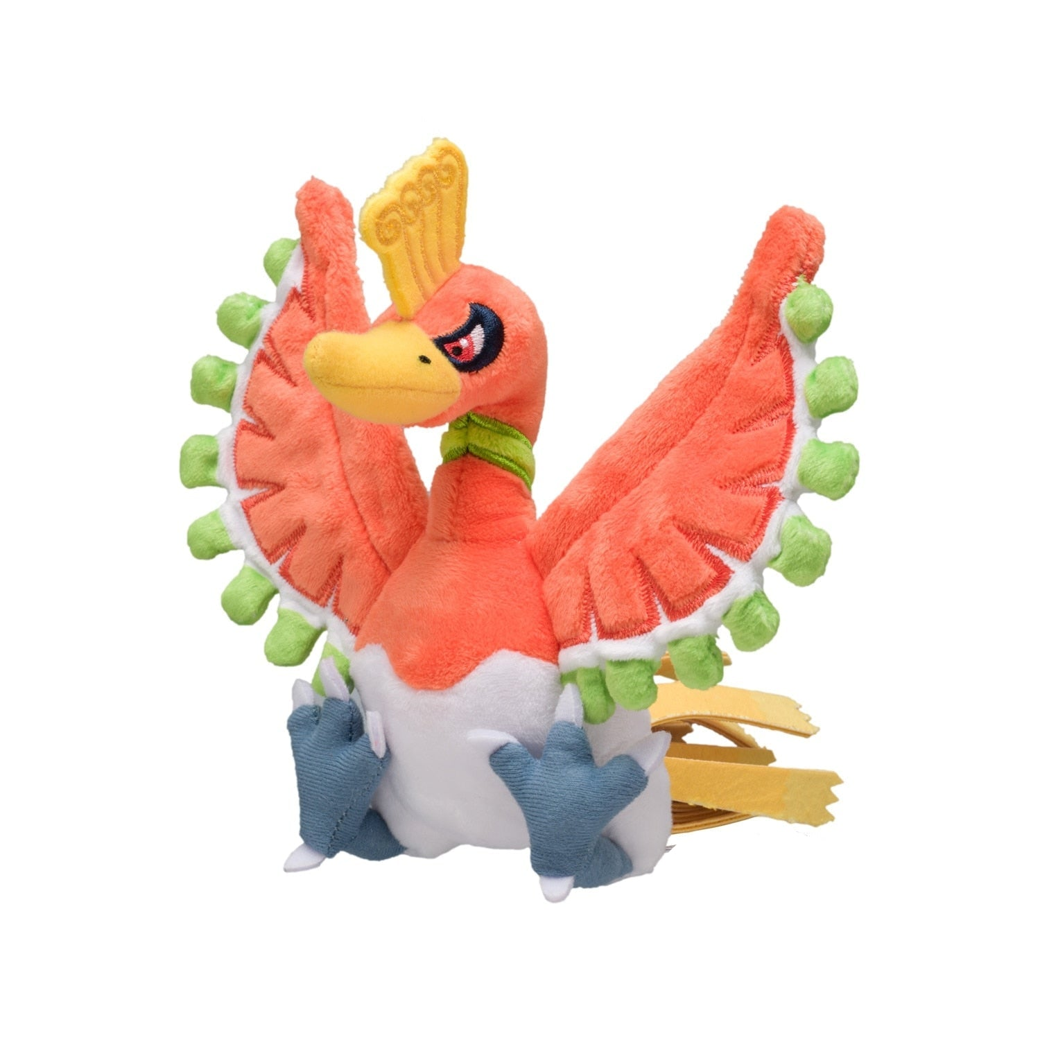 Ein Plüsch Ho-Oh Vogelspielzeug mit orangefarbenen und grünen Flügeln, geöffnet.