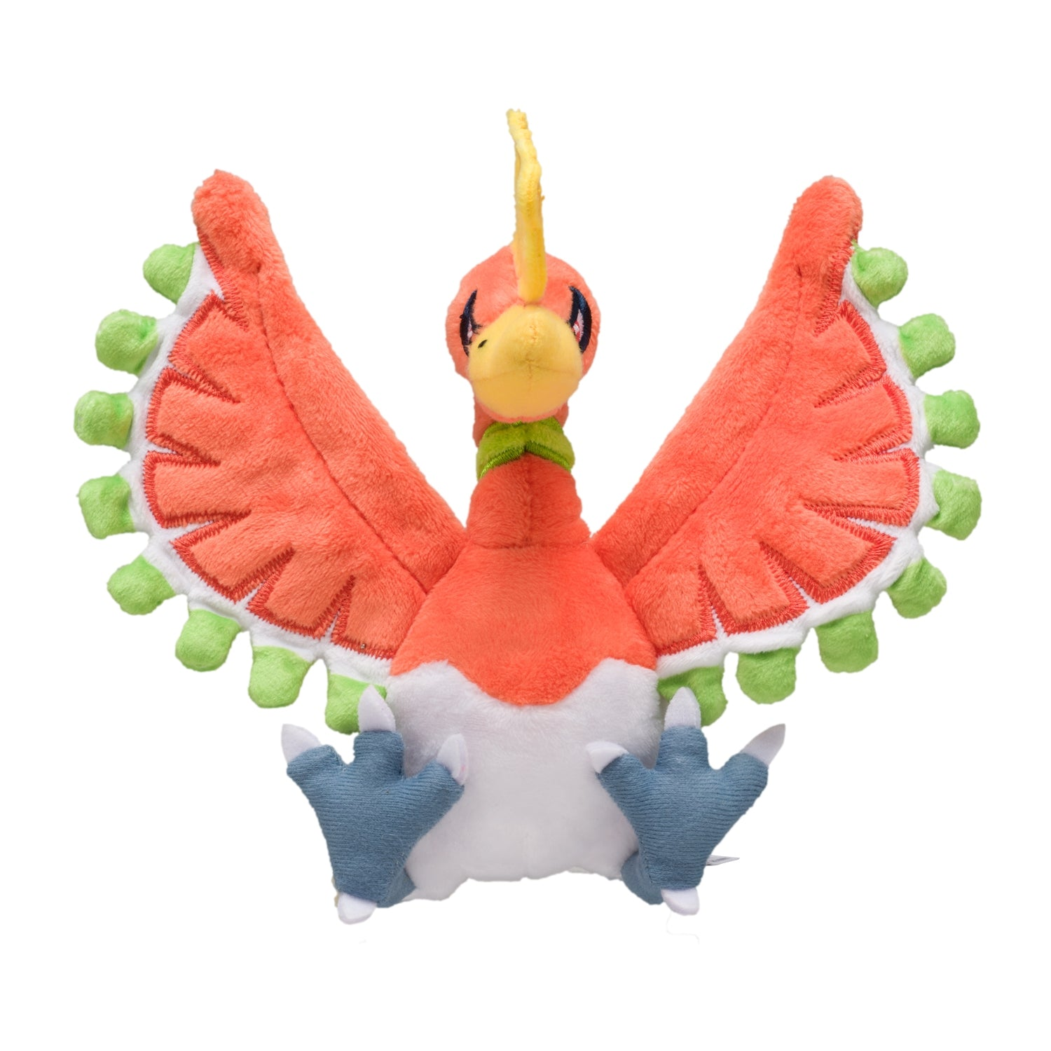 Ein Ho-Oh-Plüschtier mit orangefarbenen und grünen Flügeln und blauen Füßen.