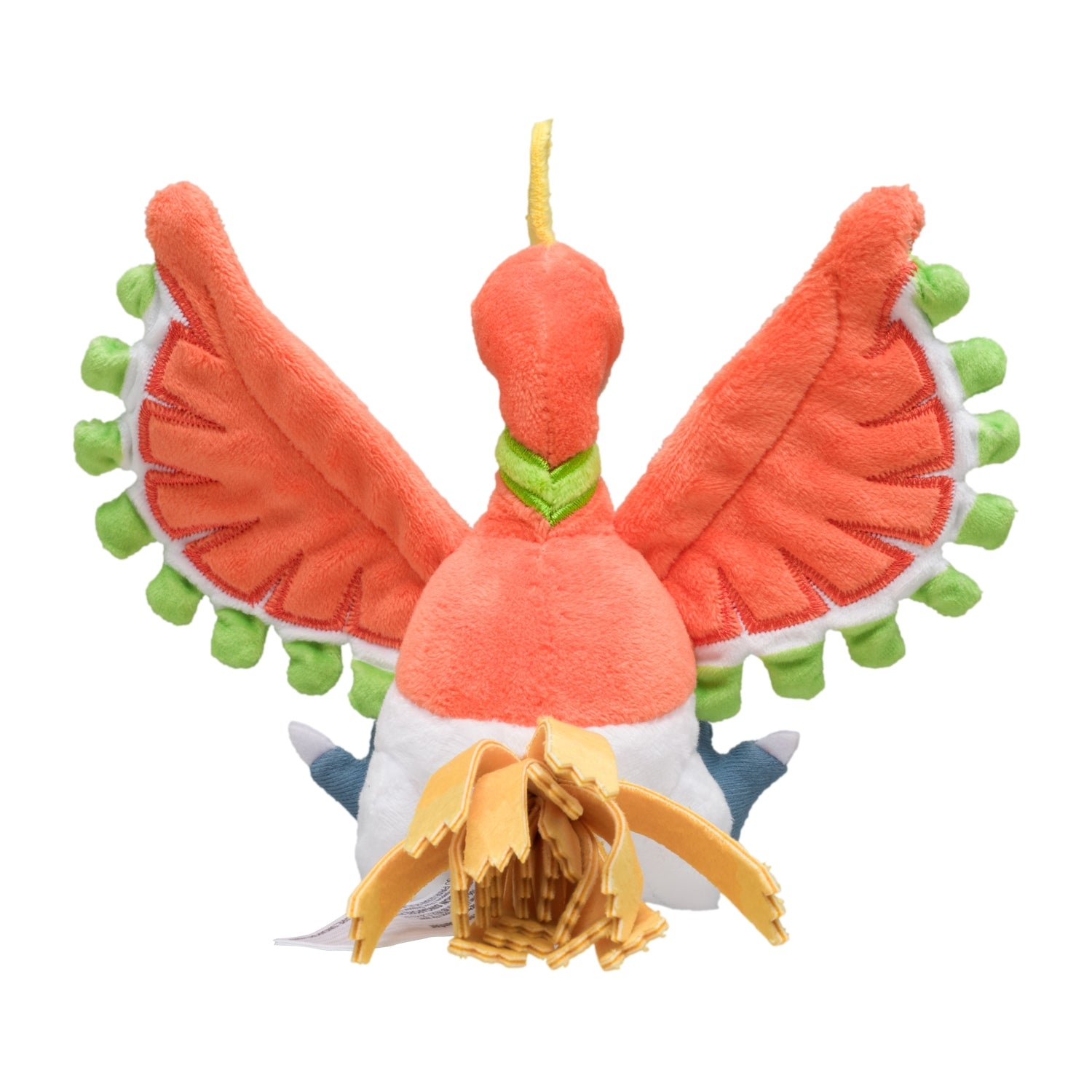 Ein Ho-Oh-Plüschtier mit orangefarbenen und grünen Flügeln und gelben Schwanzfedern.