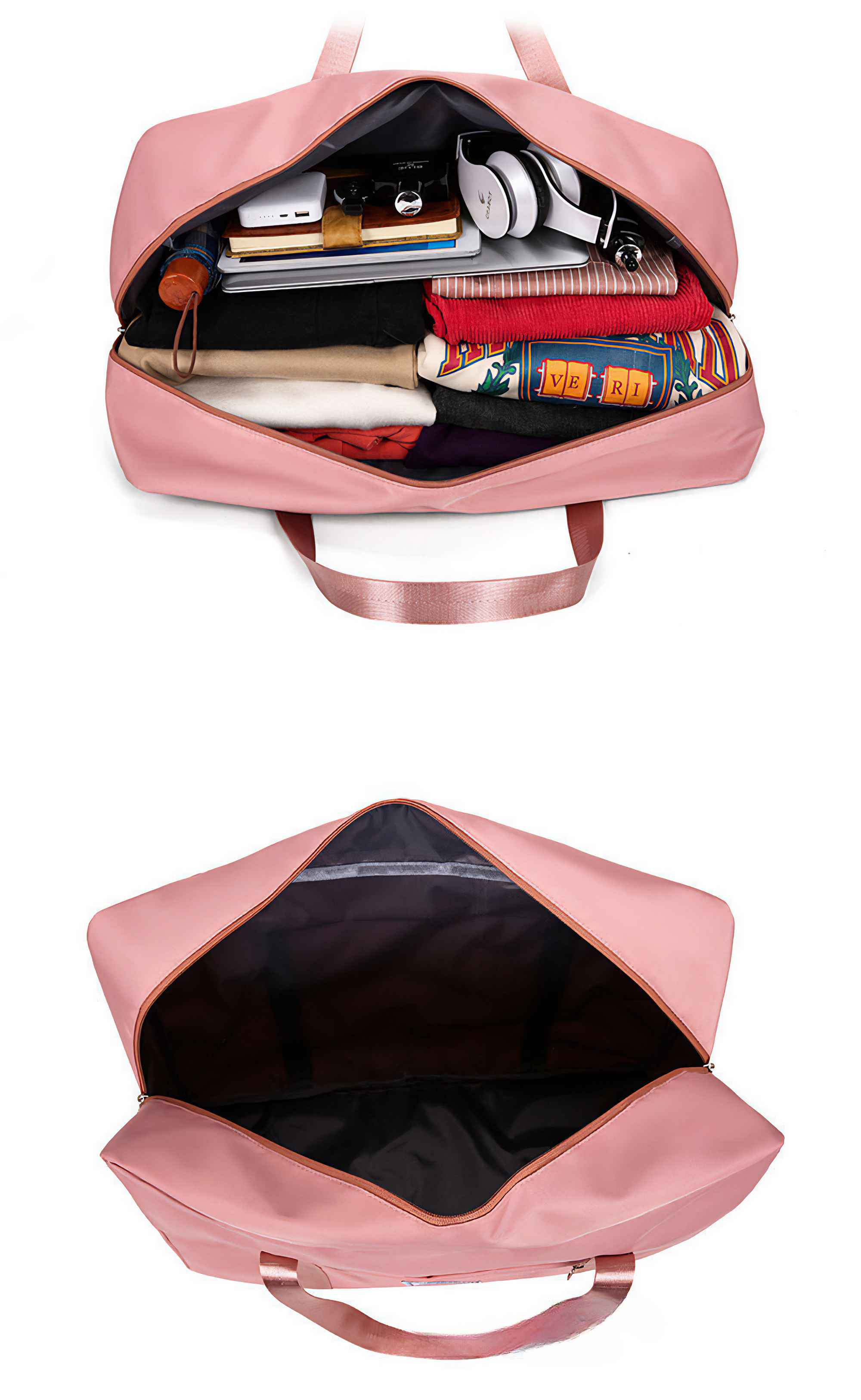 Zwei Bilder einer rosa Reisetasche, eine offen mit Inhalt, die andere geschlossen.