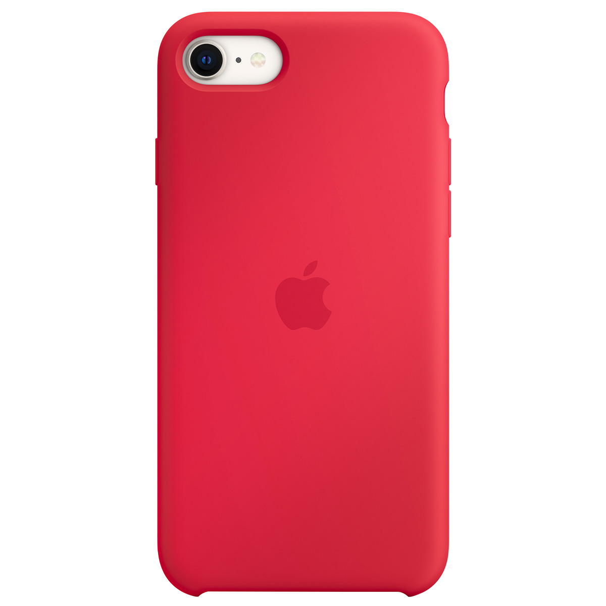 Una custodia rossa per iPhone. Il logo Apple è al centro. L'obiettivo della fotocamera e i pulsanti sono visibili.