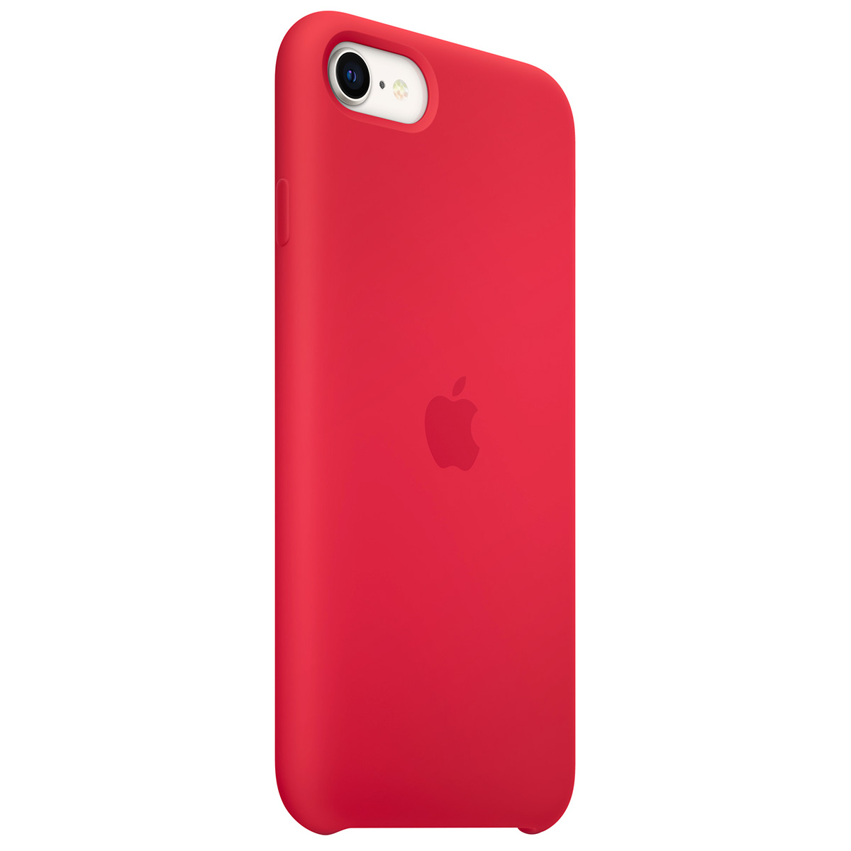 Custodia rossa per telefono con logo Apple. La fotocamera è visibile in alto. Sfondo bianco.