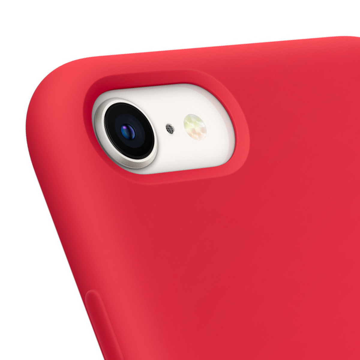 Primo piano di una custodia per iPhone rossa. L'obiettivo della fotocamera è visibile, insieme al flash e un piccolo microfono.