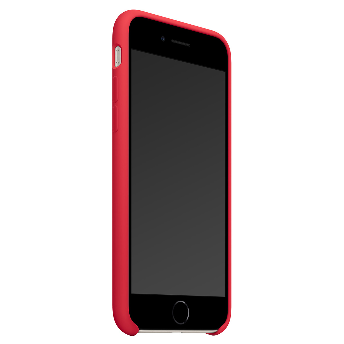 Un telefono rosso in una custodia rossa. Lo schermo è nero. Sfondo bianco. Il telefono è angolato.