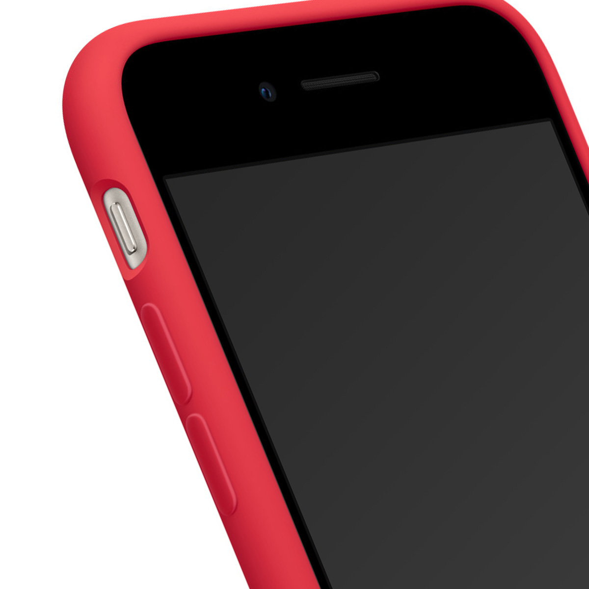 Un primo piano di un telefono rosso in una custodia. Lo schermo è nero e una fotocamera è visibile.