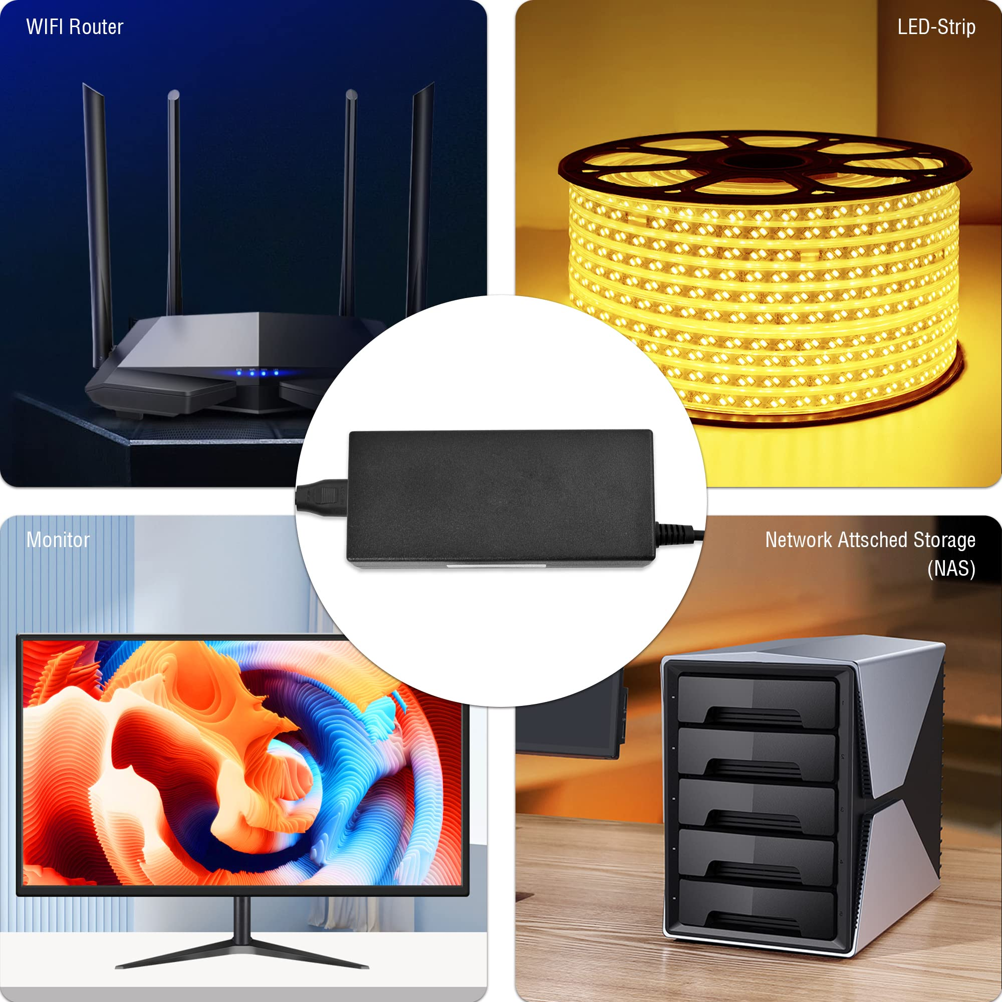 Vier Panels mit einem WLAN-Router, einem LED-Streifen, einem Monitor und einem NAS, weißer Hintergrund.