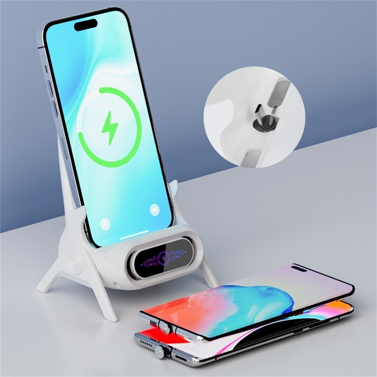 Weißes kabelloses Ladegerät mit einem ladenden Telefon. Der Bildschirm zeigt eine Ladeanzeige. Unten ist ein anderes Telefon.