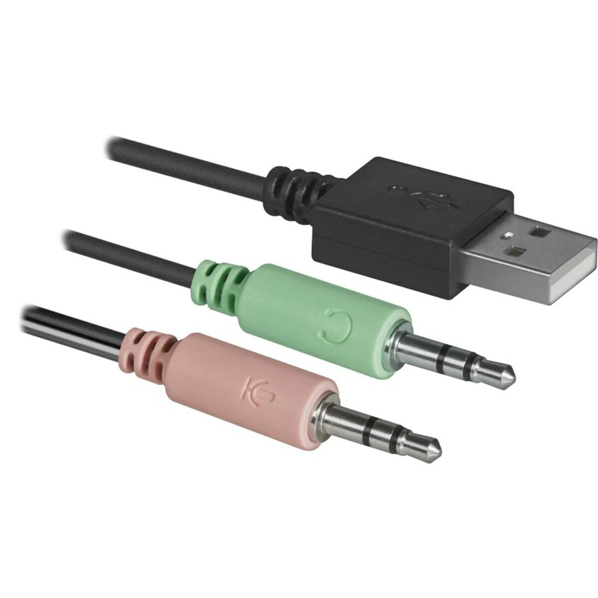 Tre jack audio, due da 3,5 mm e uno USB, collegati a un cavo nero. I jack sono verdi e rosa.