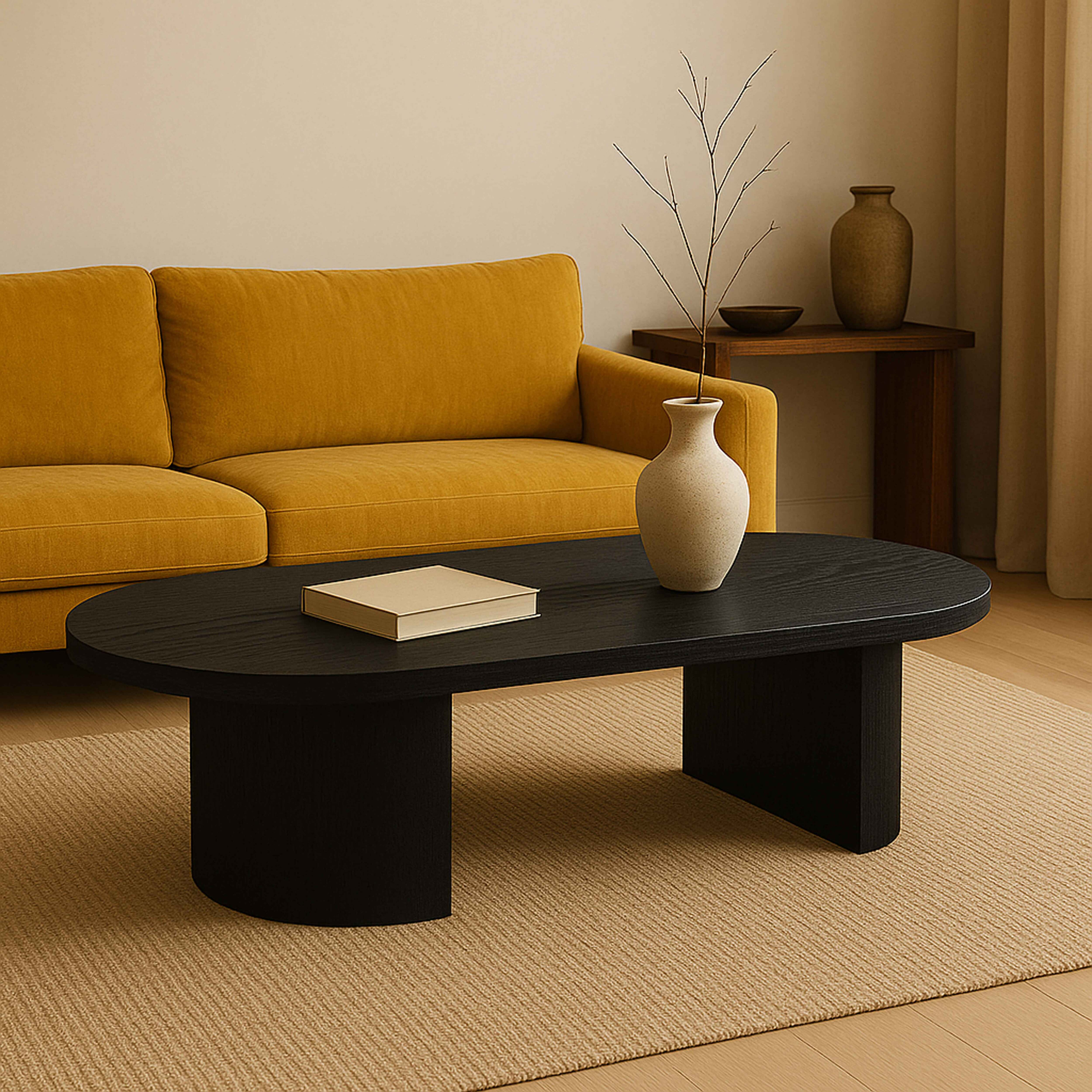 Wohnzimmer mit einem schwarzen Couchtisch, einer Vase, einem gelben Sofa und einem Teppich.
