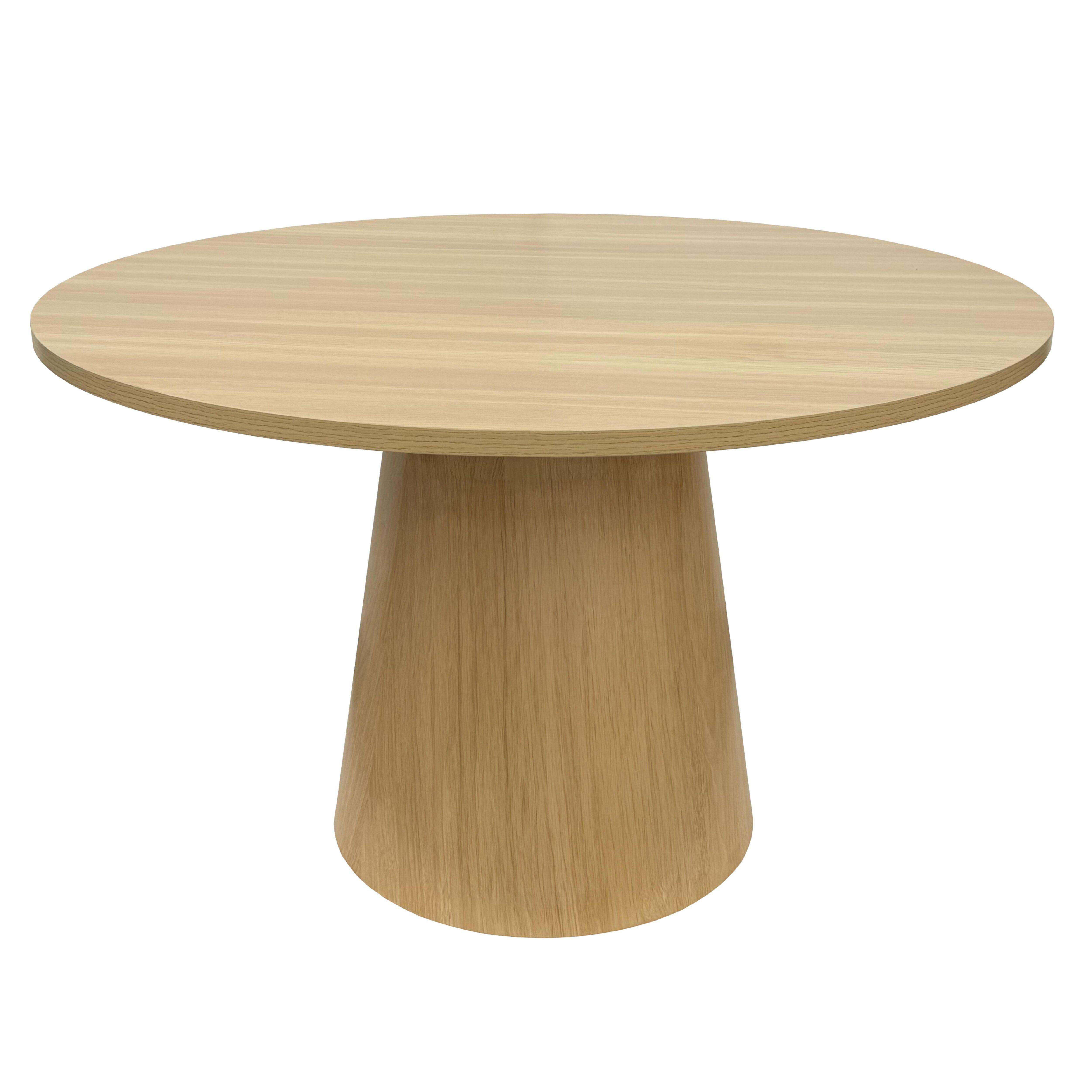 Ein runder Couchtisch aus Holz mit einem einzelnen Sockel.