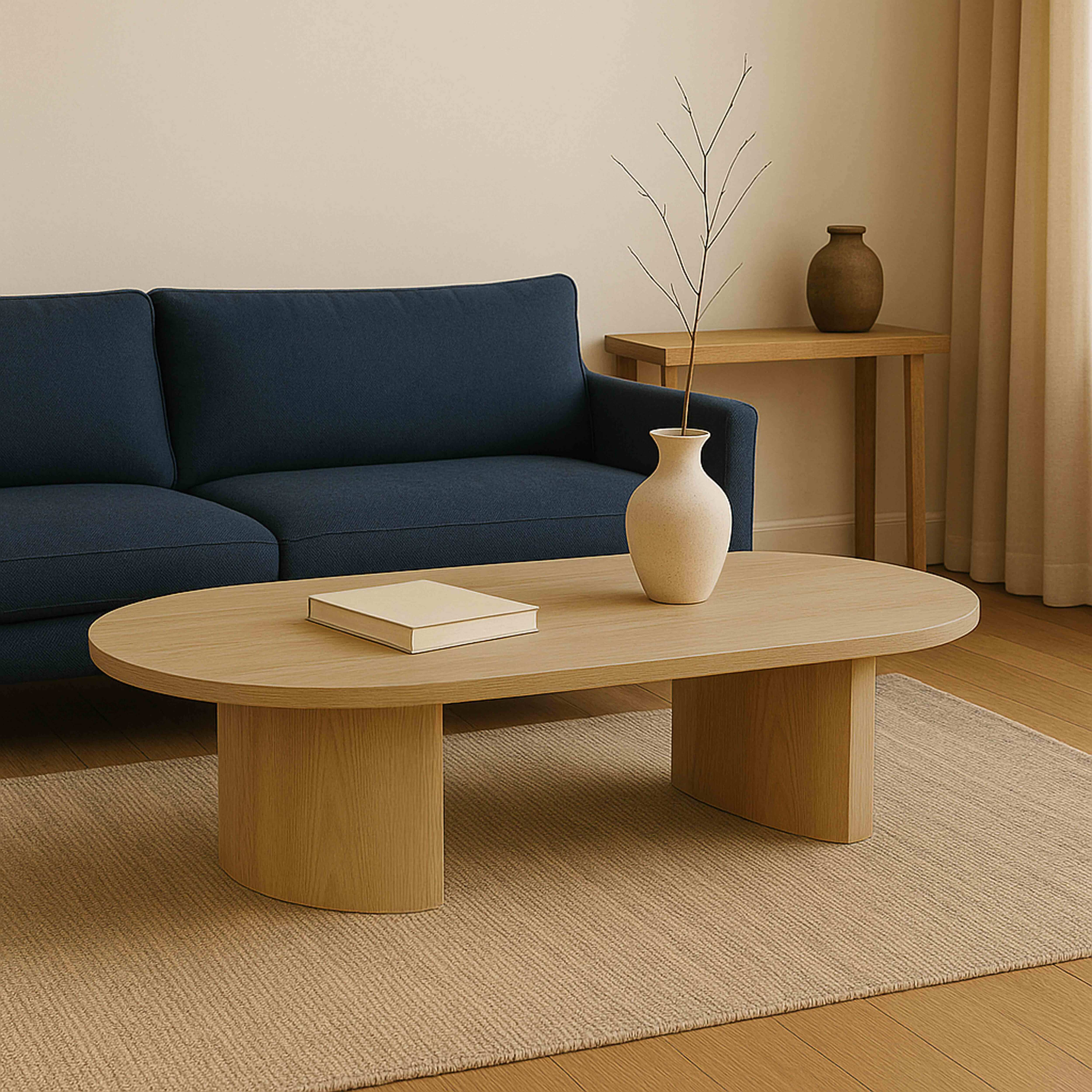 Ein ovaler Holztisch mit Buch und Vase steht auf einem Teppich. Im Hintergrund ein blaues Sofa.