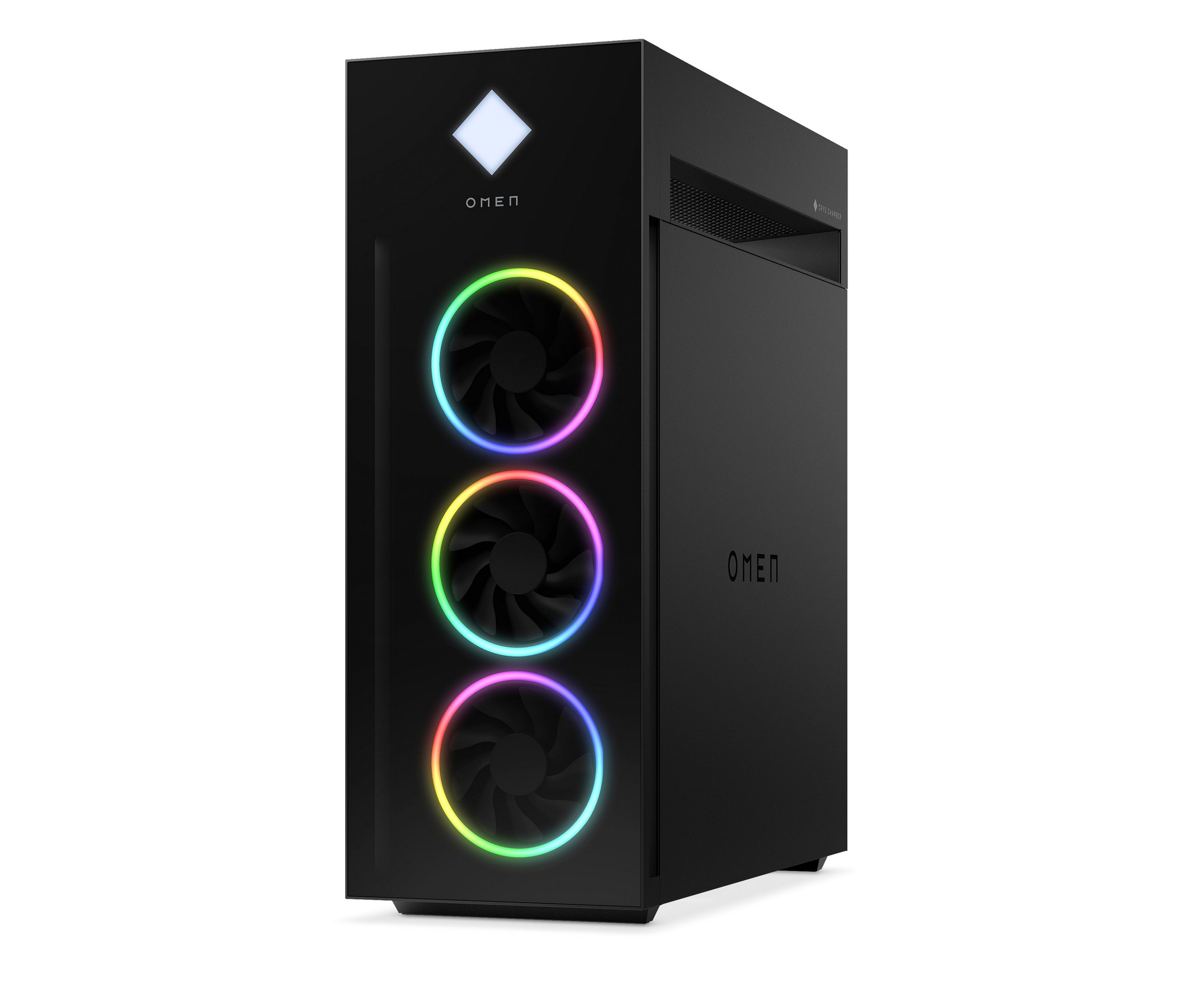 Case PC Omen nero con ventole RGB. Logo a diamante sul davanti. Testo OMEN sotto le ventole.
