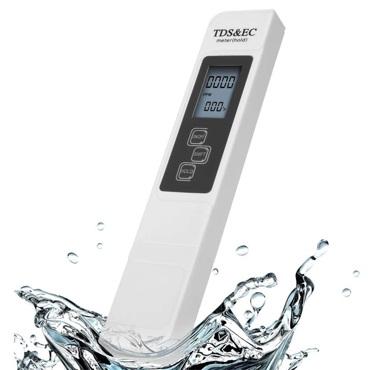 TDS&EC-Messgerät im Wasser, zeigt 0000 und 000 an. Tasten umfassen EIN/AUS, SHIFT und HOLD.