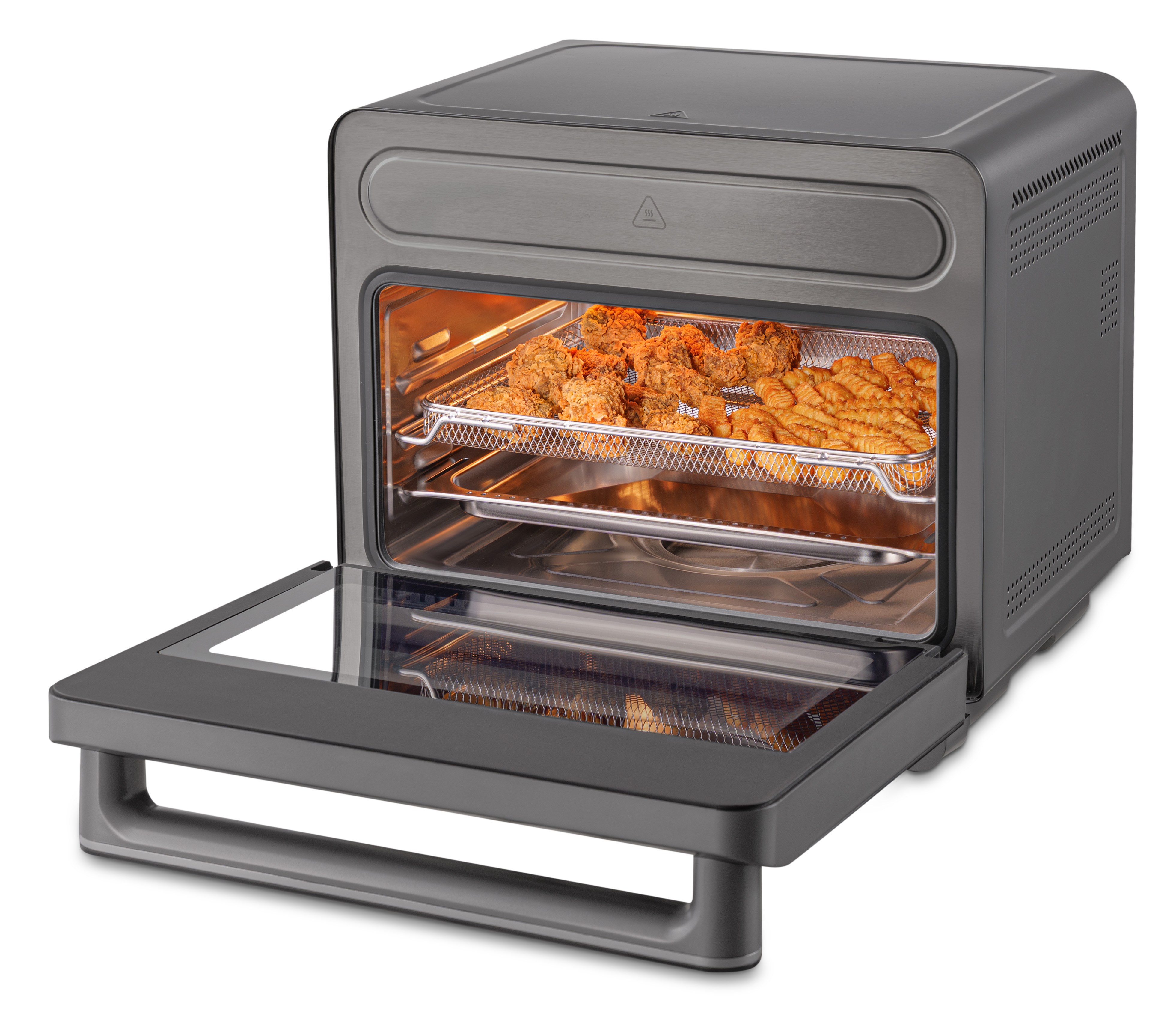 Una friggitrice ad aria con cibo fritto all'interno e la porta aperta.