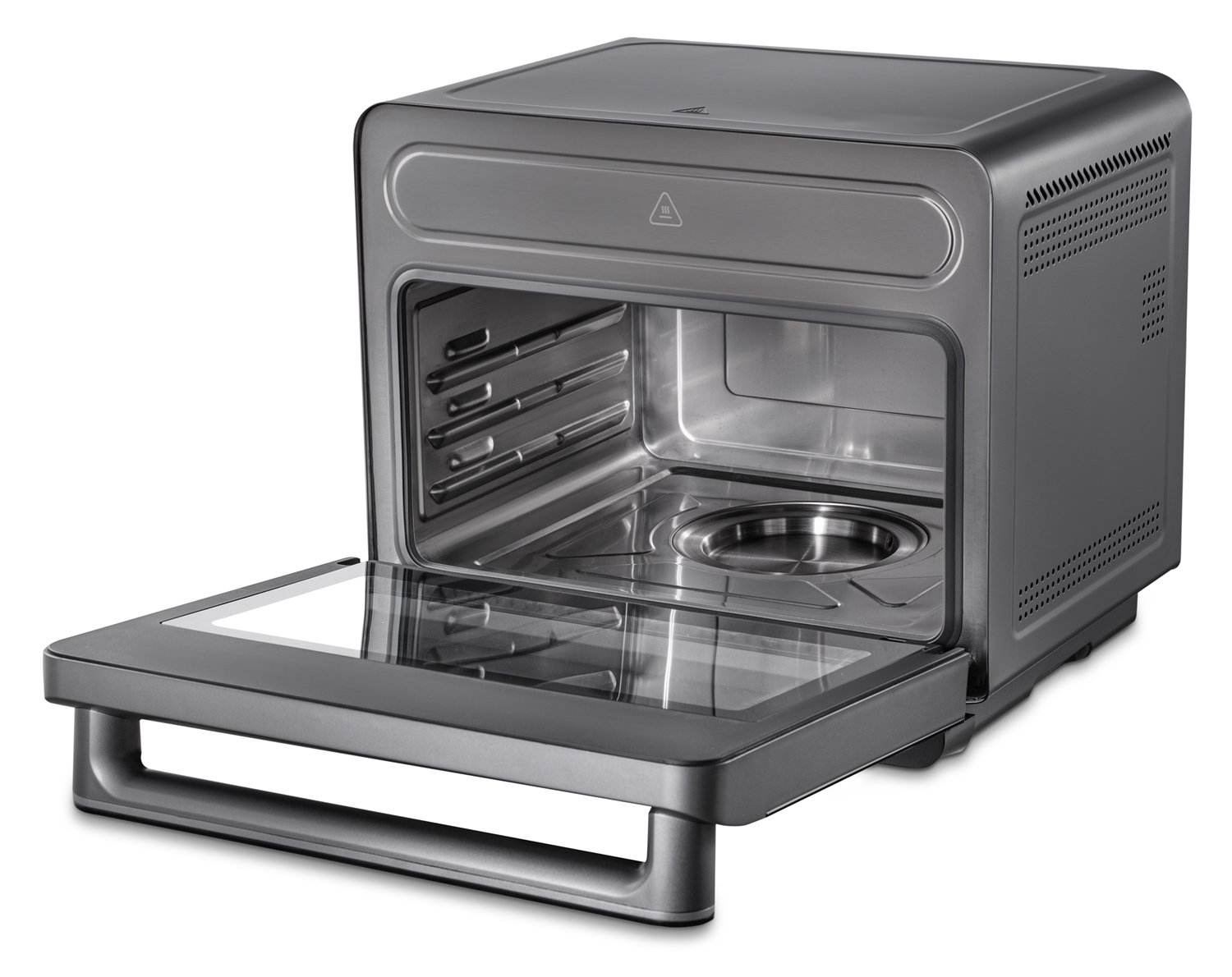 Forno friggitrice ad aria argento, aperto. L'interno è visibile, con un vassoio rotondo ed elementi riscaldanti.
