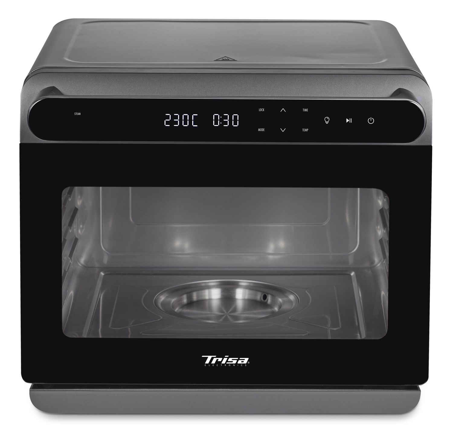 Una friggitrice ad aria grigio scuro chiusa con un display digitale.