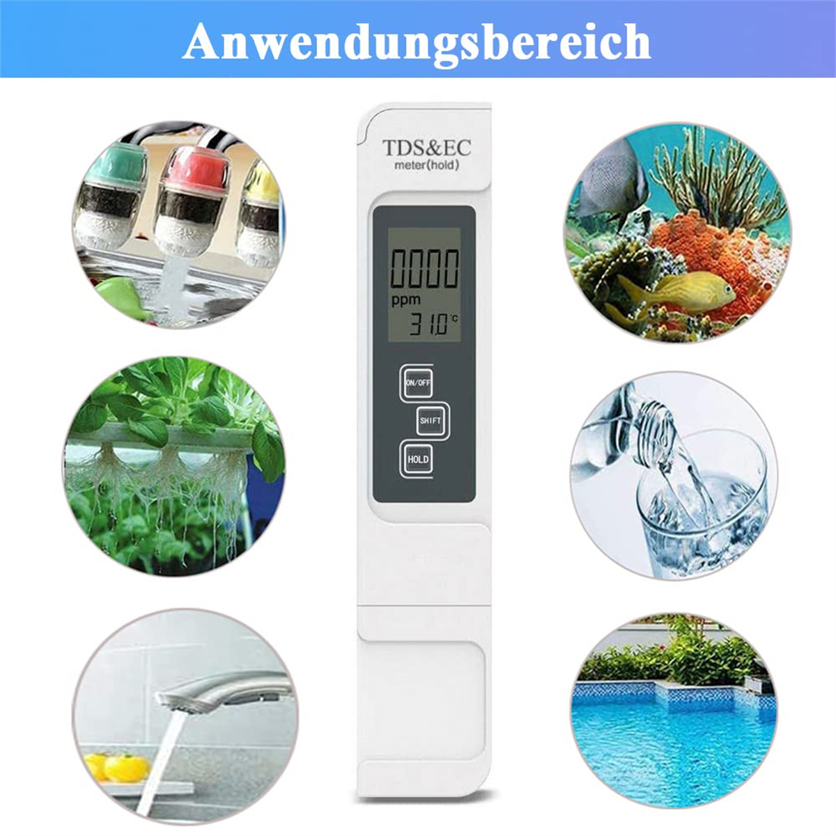 TDS&EC-Messgerät mit Wasserproben. Zeigt Wasser aus einem Wasserhahn, Pflanzen und einem Pool.