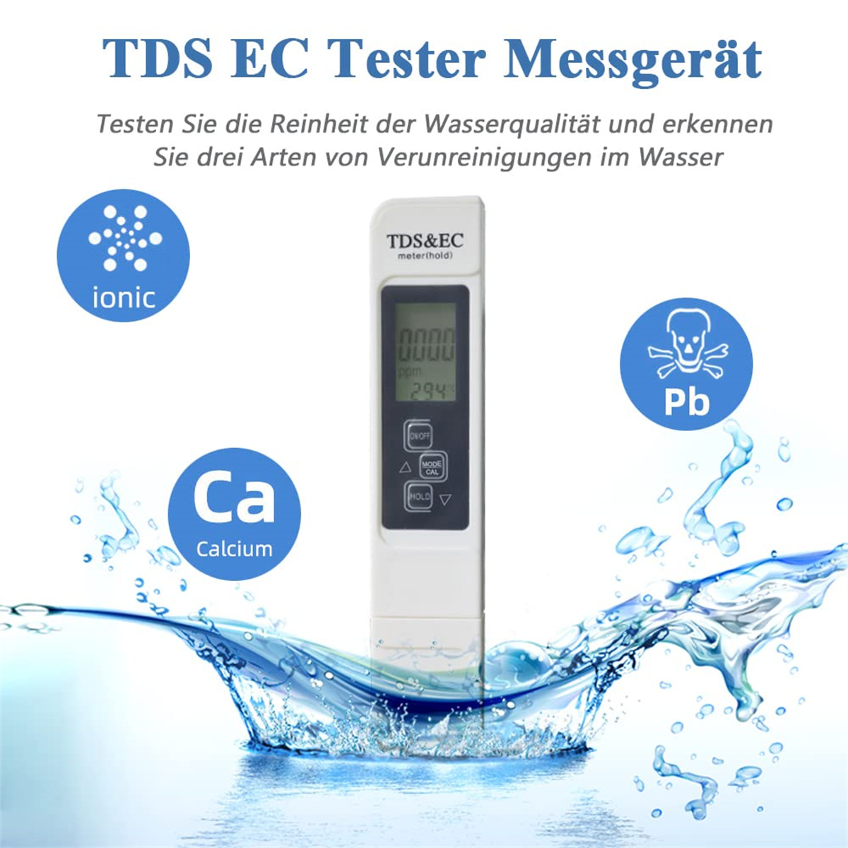 Ein Wasserqualitätstester mit Anzeige, die Zahlen zeigt, und Wasser, das mit Ionen-, Calcium- und Blei-Symbolen fließt.