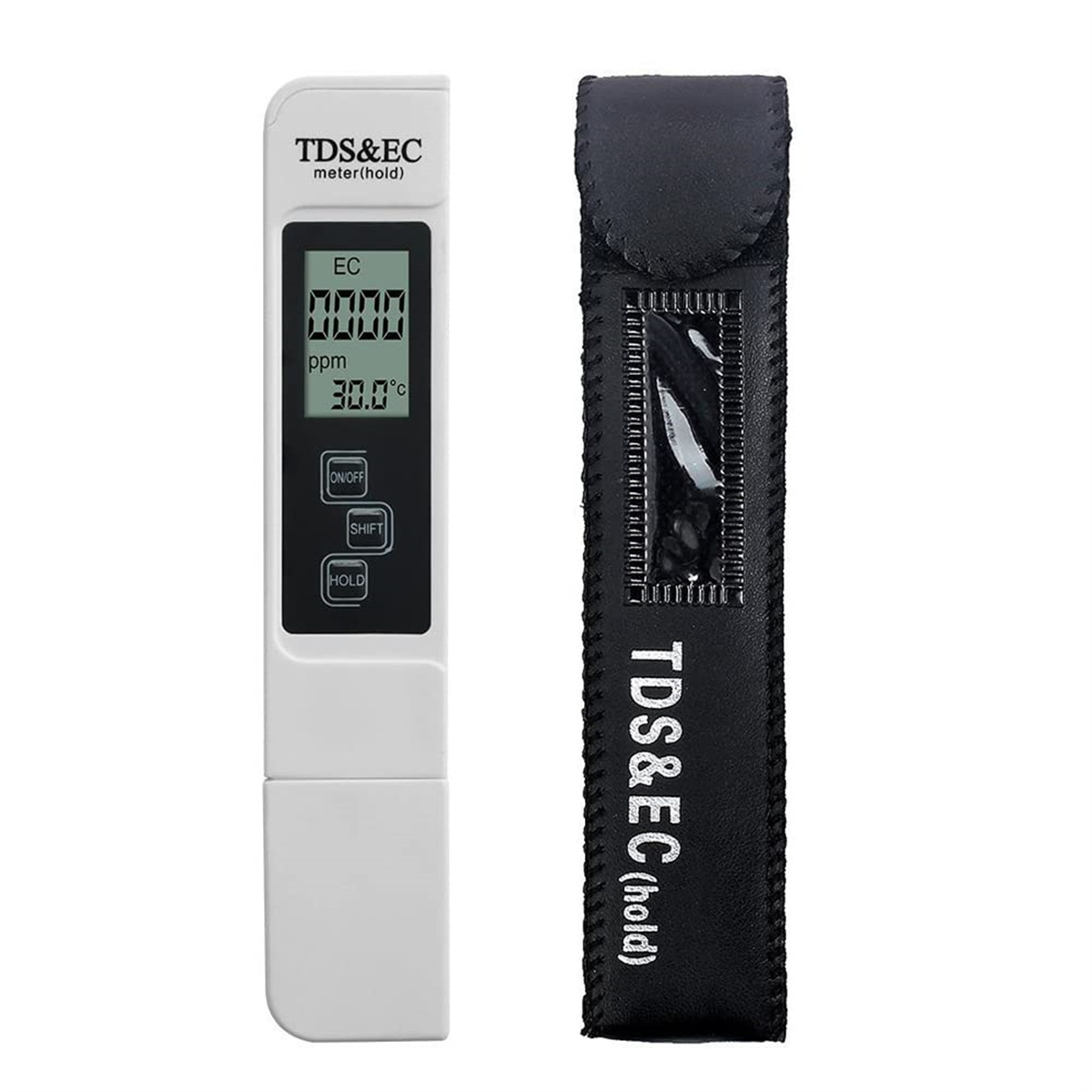 Ein weißes und schwarzes TDS & EC-Messgerät mit Schutzhülle. Das Messgerät zeigt 0000 ppm und 30,0°C an.