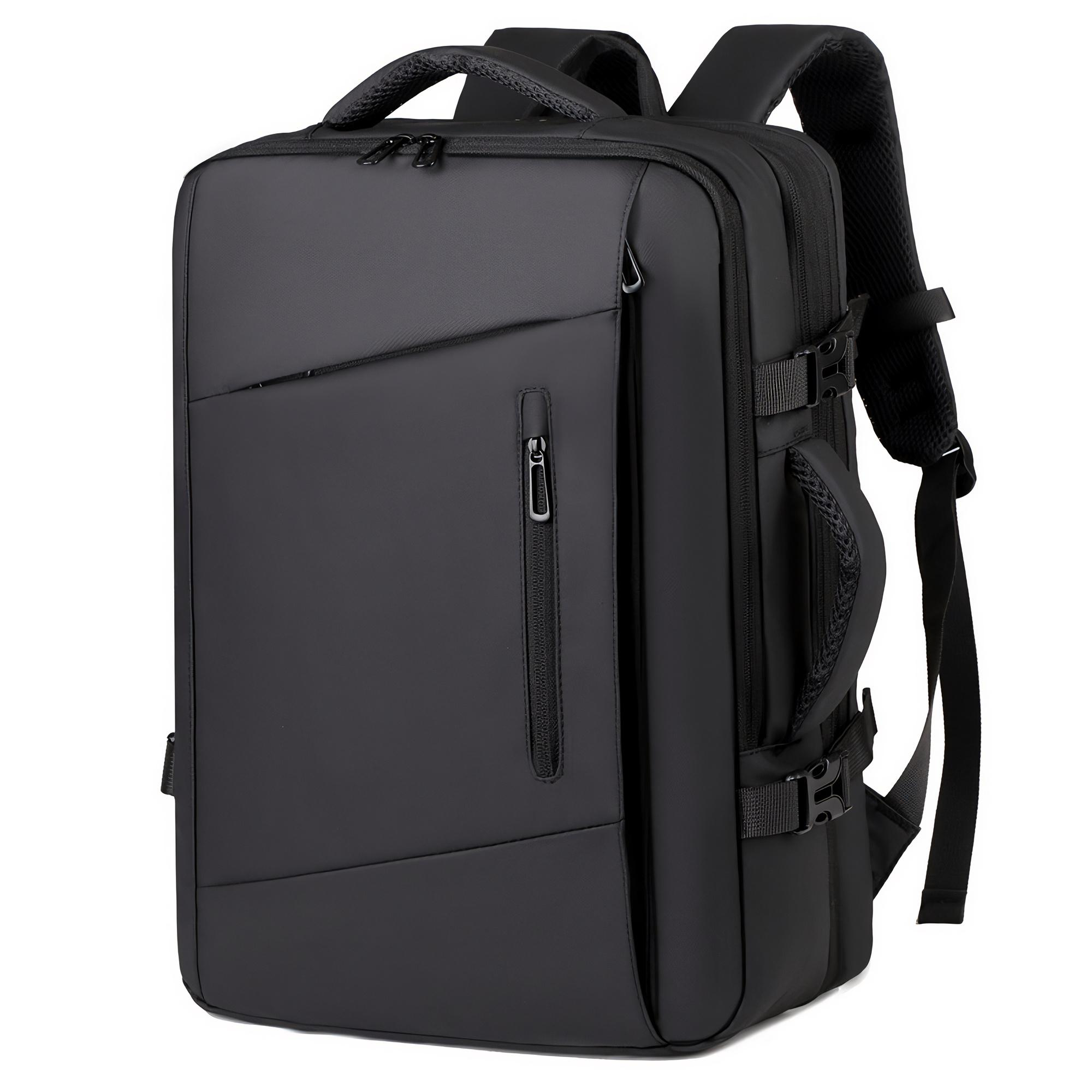 Ein schwarzer Rucksack mit elegantem Design, mit mehreren Fächern und einem Reißverschluss vorne.