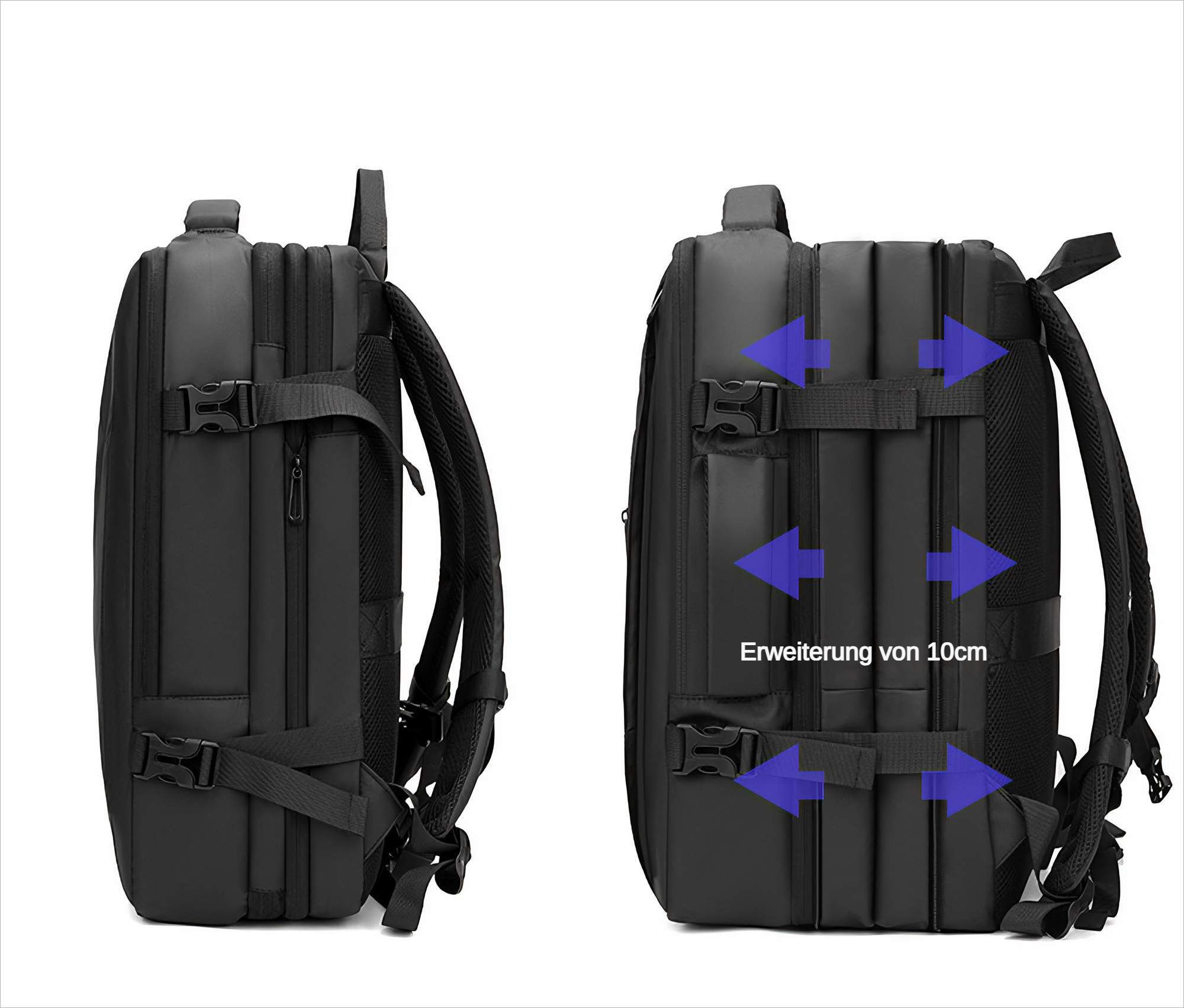 Schwarzer Rucksack mit zwei Ansichten, Seitenprofil und Rückseite. Pfeile zeigen die Erweiterungsfunktion von 10 cm.