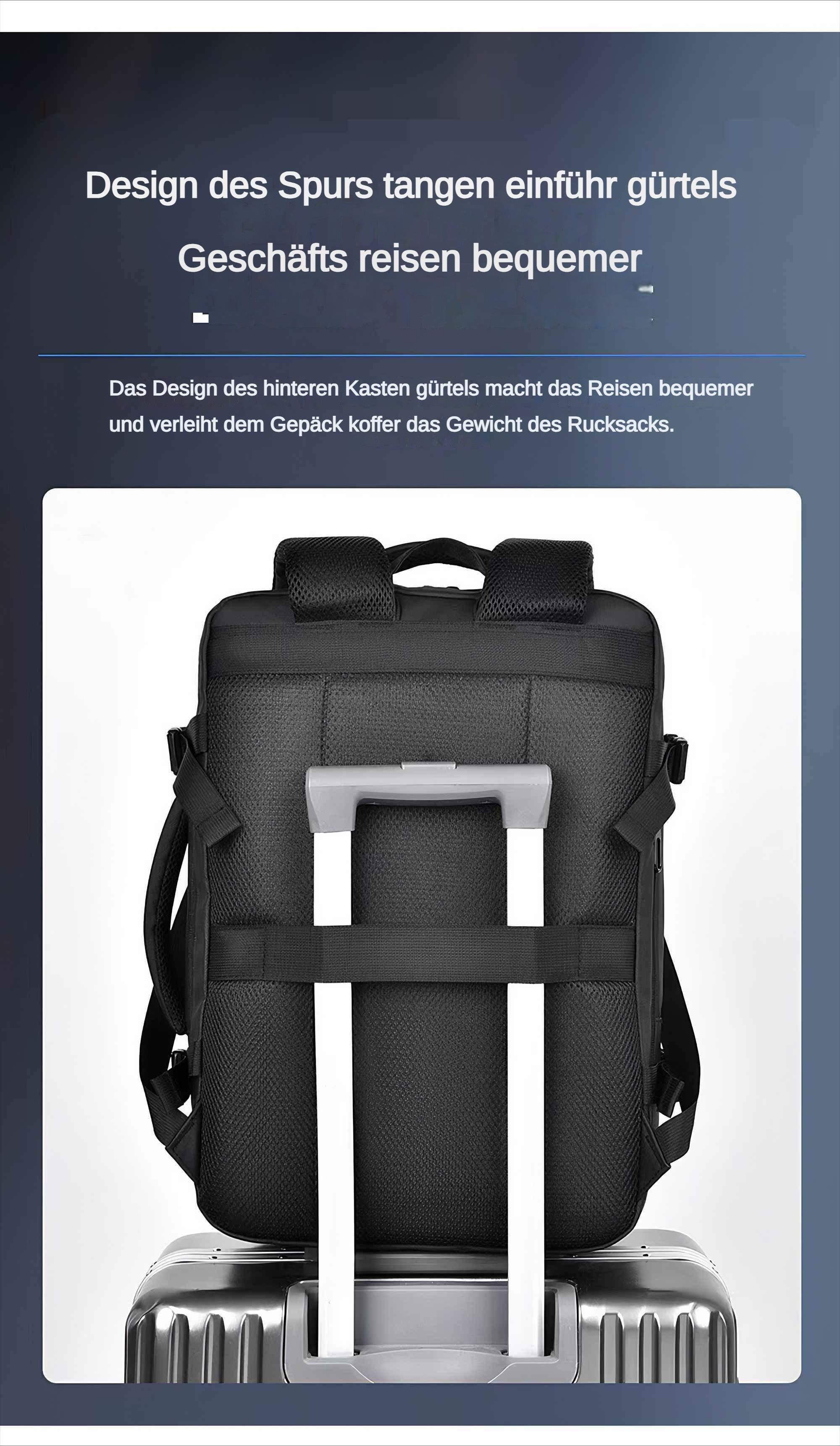 Ein schwarzer Rucksack mit Griff, auf einem Koffer platziert. Die Rückseite des Rucksacks ist sichtbar.