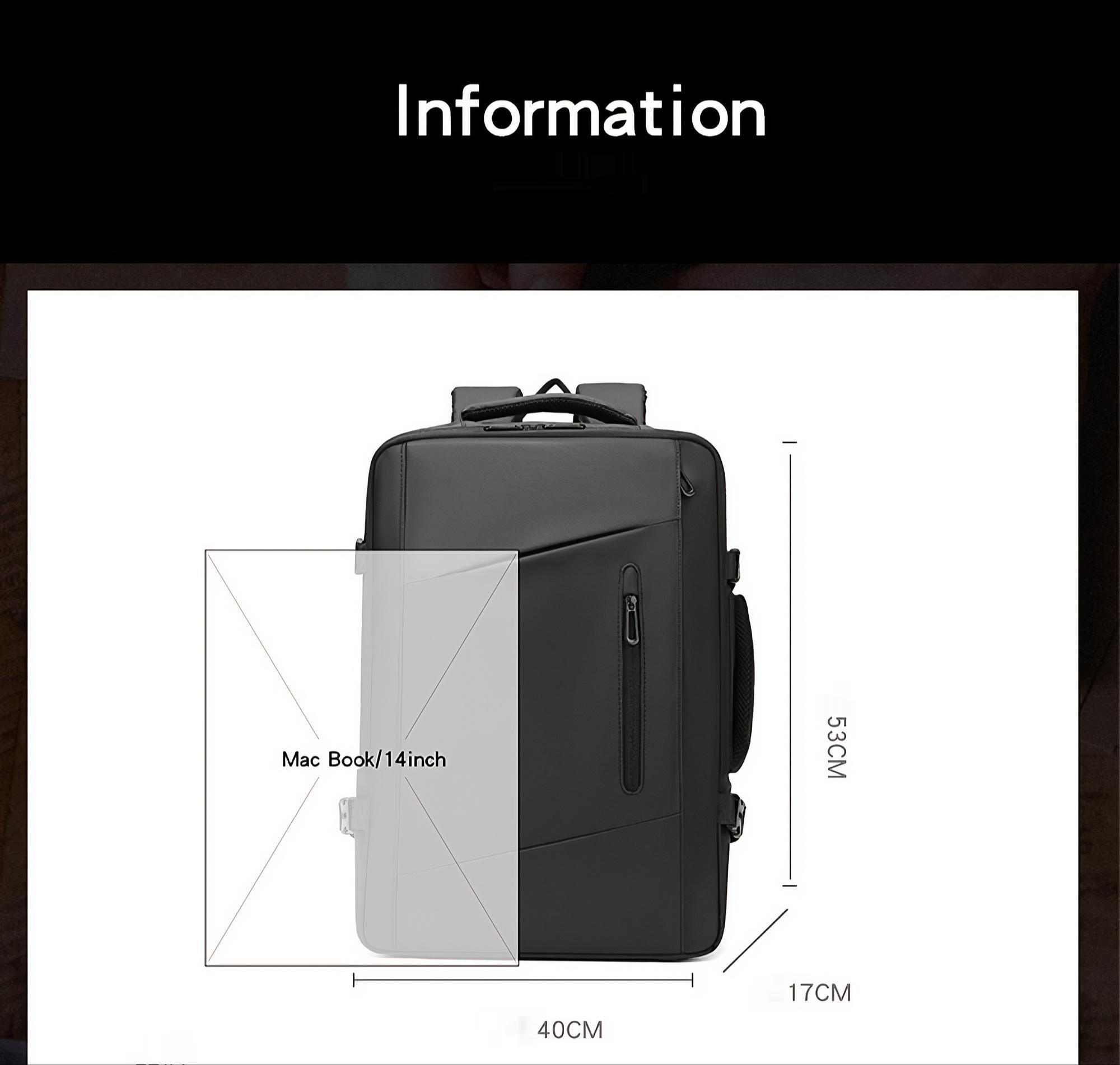 Ein schwarzer Rucksack mit Abmessungen und einer Macbook-Umriss, der den Größenvergleich zeigt.