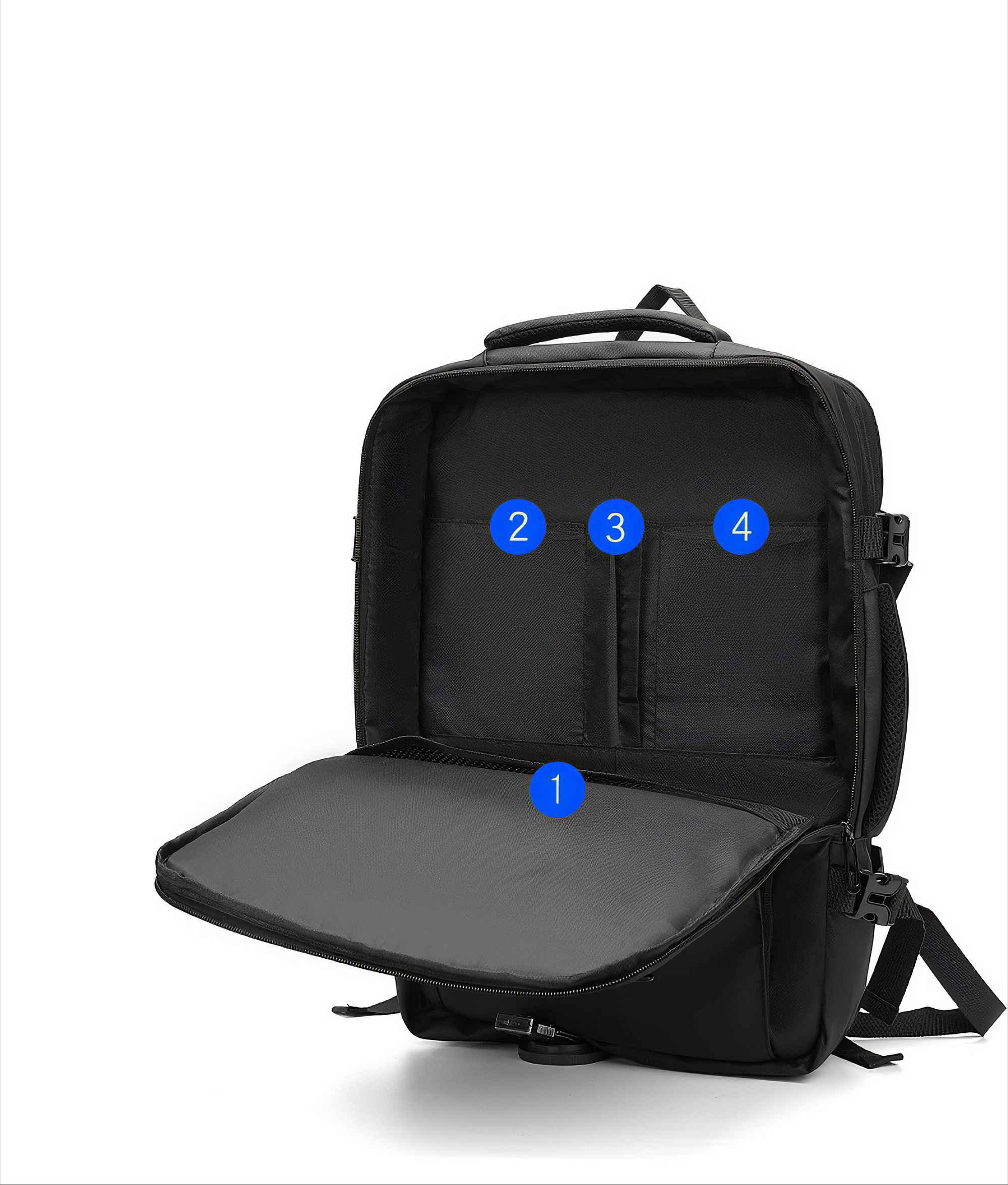 Geöffneter schwarzer Rucksack, der mehrere Fächer zeigt. Zahlen kennzeichnen verschiedene Stauraumbereiche.