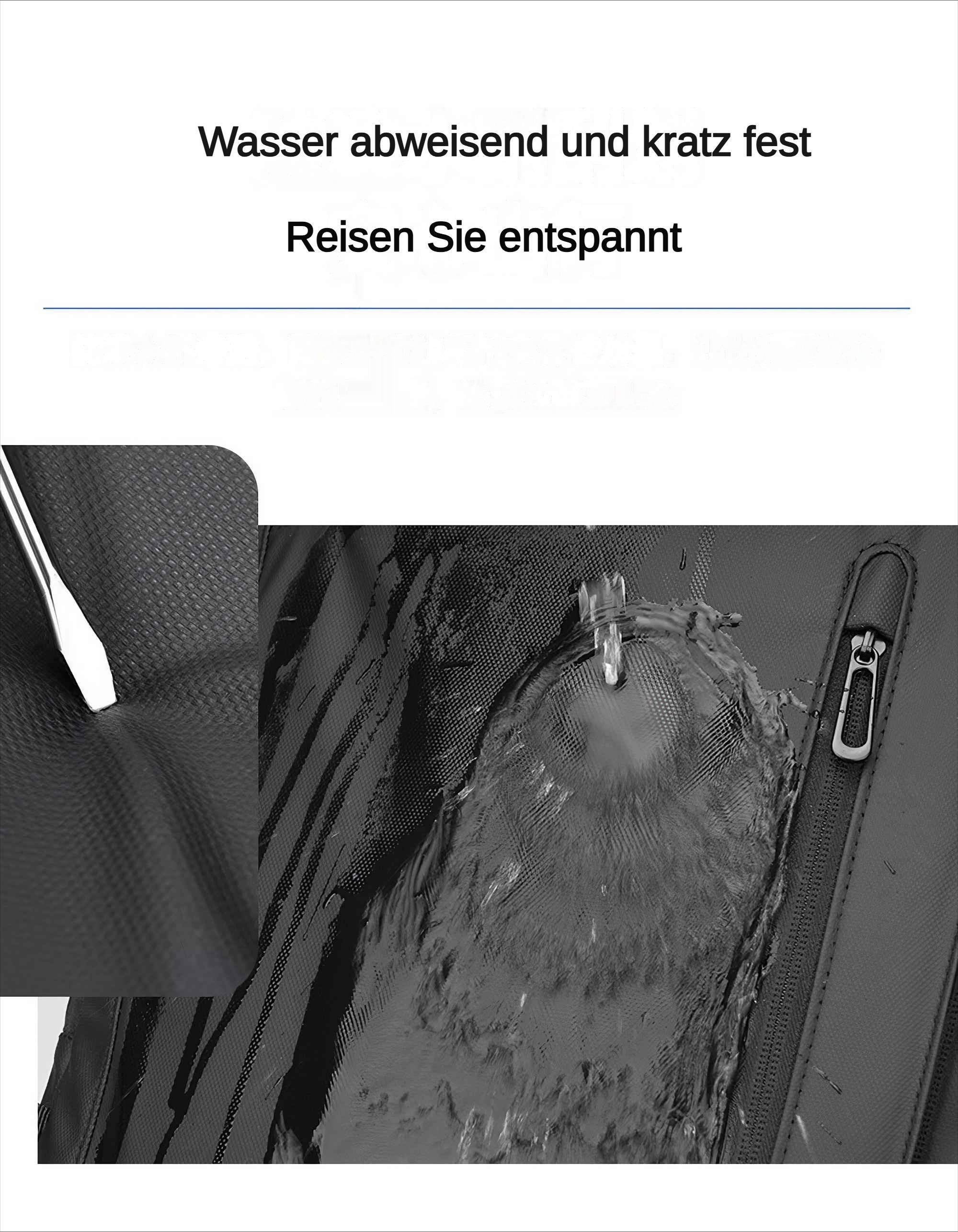 Wasser, das auf schwarzen Stoff gegossen wird und abweist. Ein Werkzeug wird eingeführt, um die Wasserbeständigkeit zu demonstrieren.