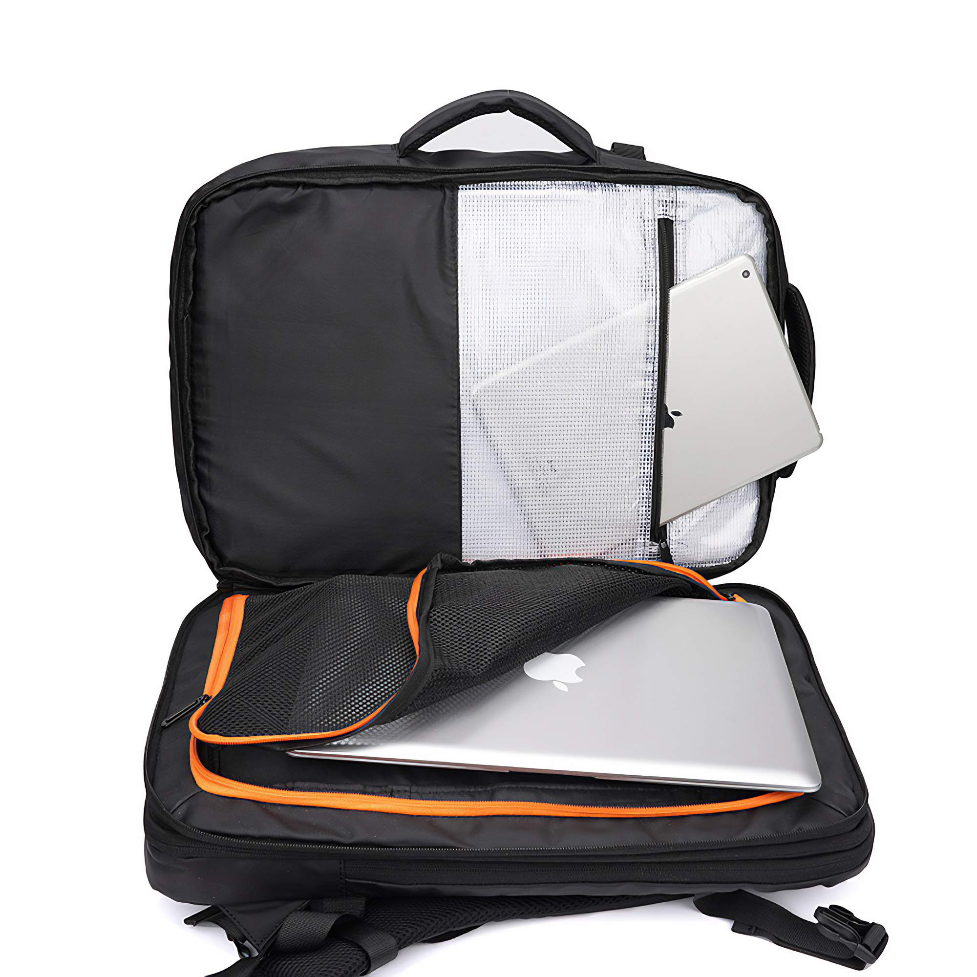 Offener Rucksackinnenraum mit Laptop und Tablet sichtbar. Orangefarbene Akzente sind im Inneren vorhanden.
