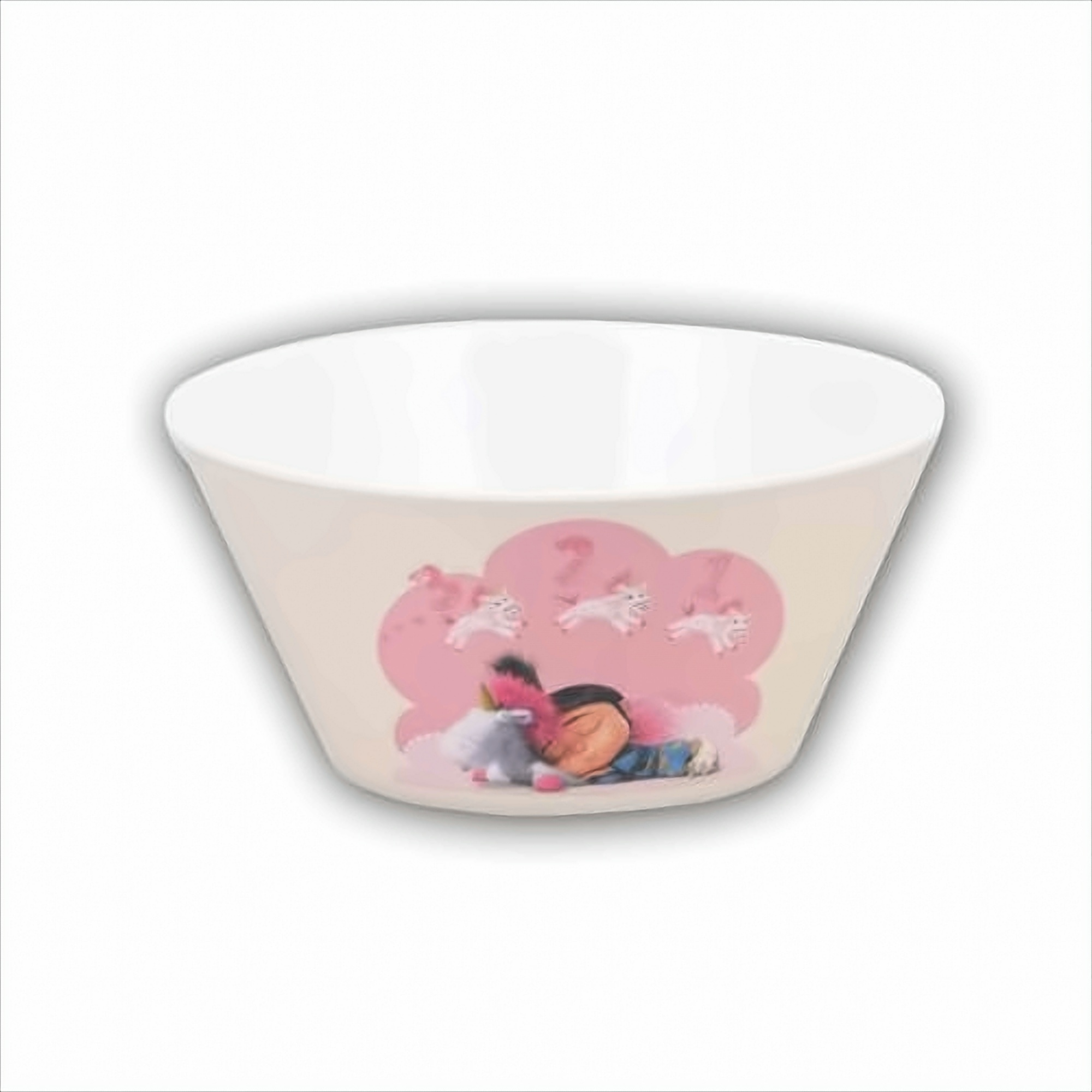 Weiße Schüssel mit Mädchen- und Einhorn-Aufdruck. Rosa Wolken. Weißer Hintergrund.