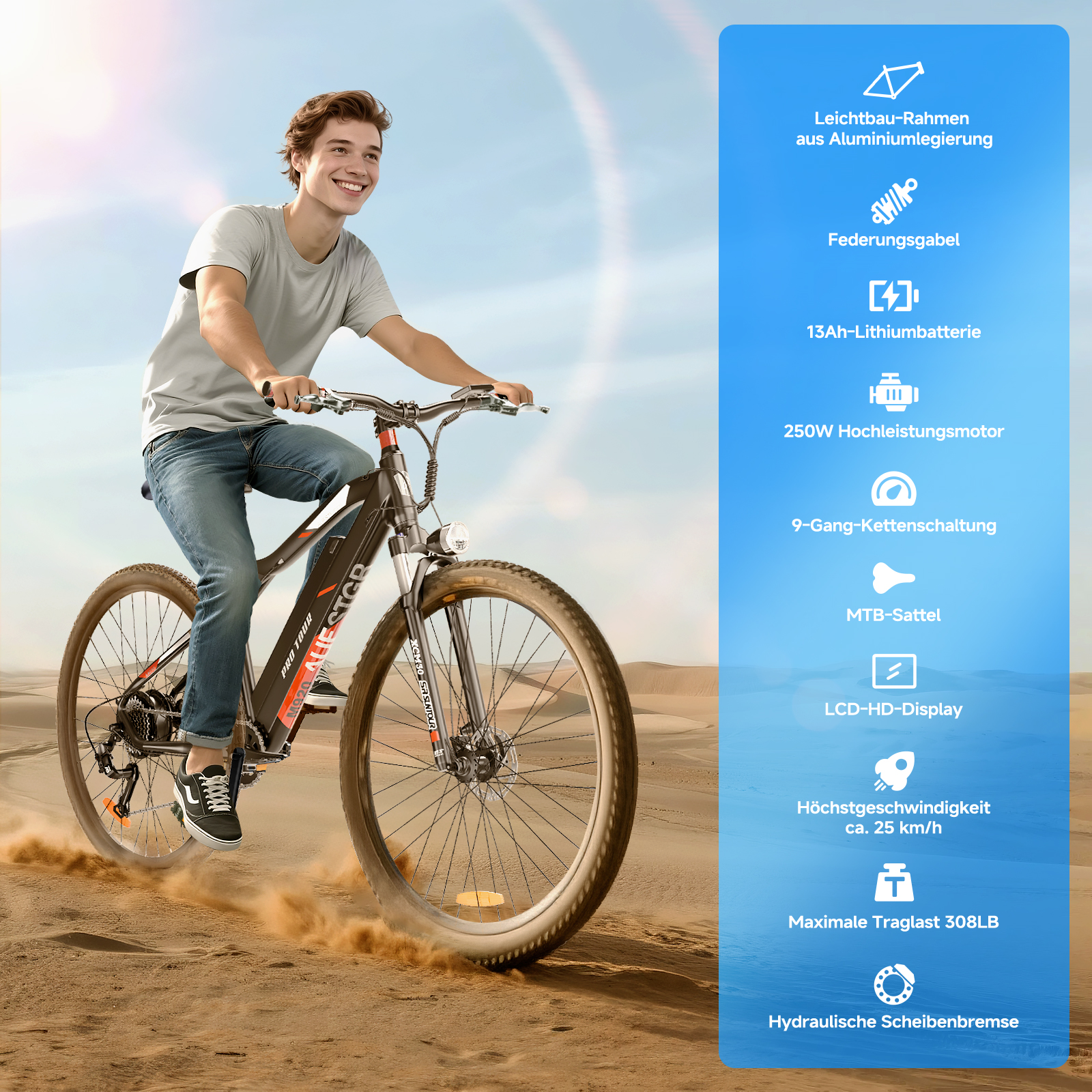 Mann fährt auf Sand ein schwarz-rotes Elektrofahrrad. Text zu den Fahrradmerkmalen rechts.
