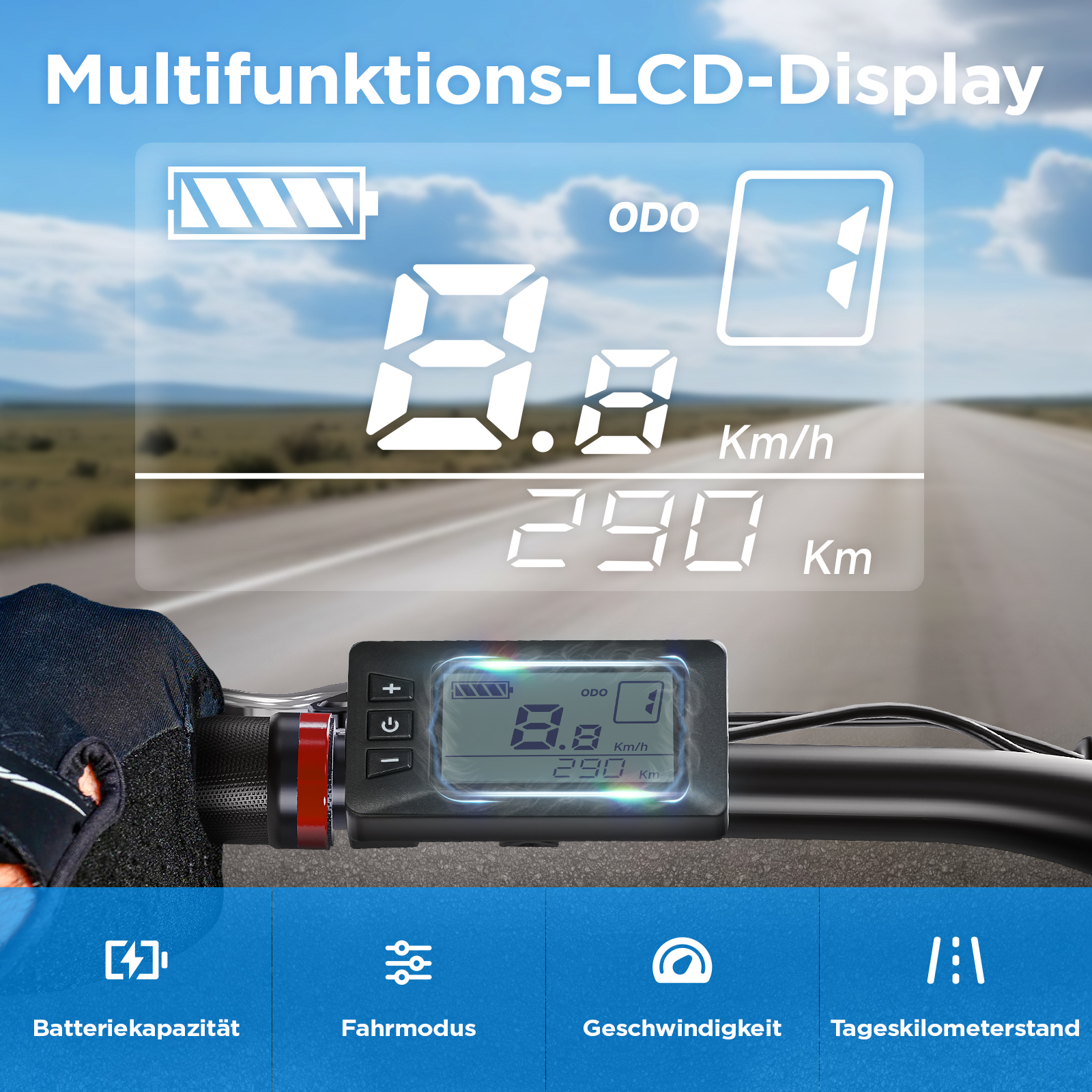 Das Bild zeigt das LCD eines E-Bikes, das Geschwindigkeit, Batterie und Entfernung auf einem Lenker mit einer Straße im Hintergrund anzeigt.
