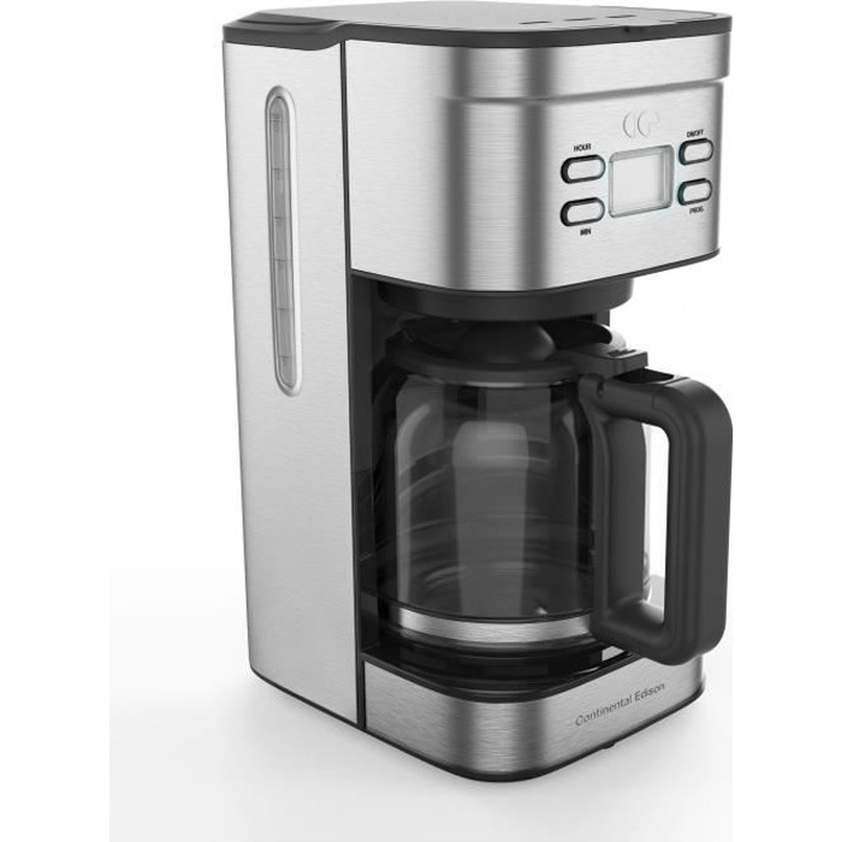 Una caffettiera argentata. Ha una caraffa di vetro, un indicatore del livello dell'acqua e un display digitale dell'orologio.