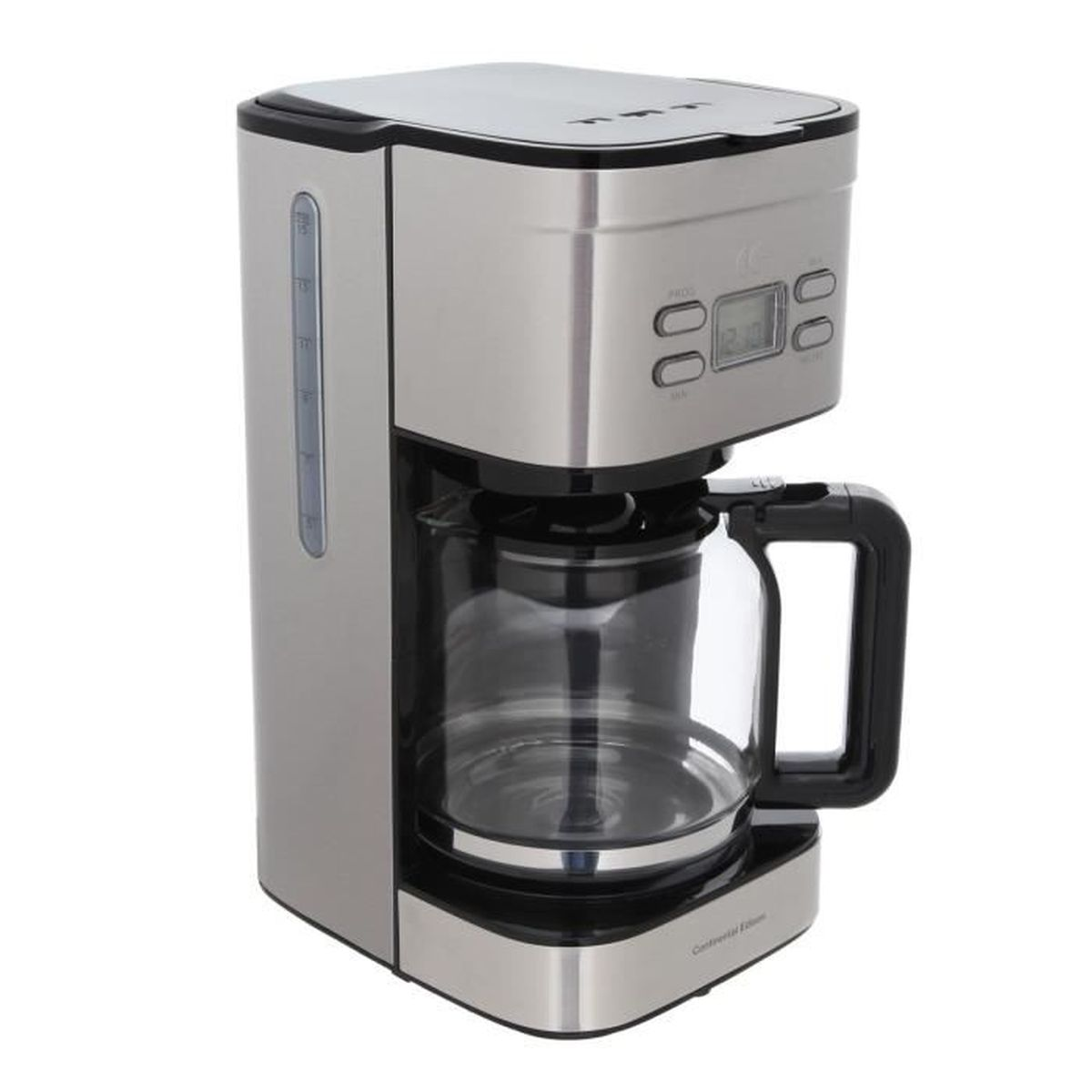 Caffettiera argentata con caraffa in vetro. Pulsanti e indicatore del livello dell'acqua sul lato.