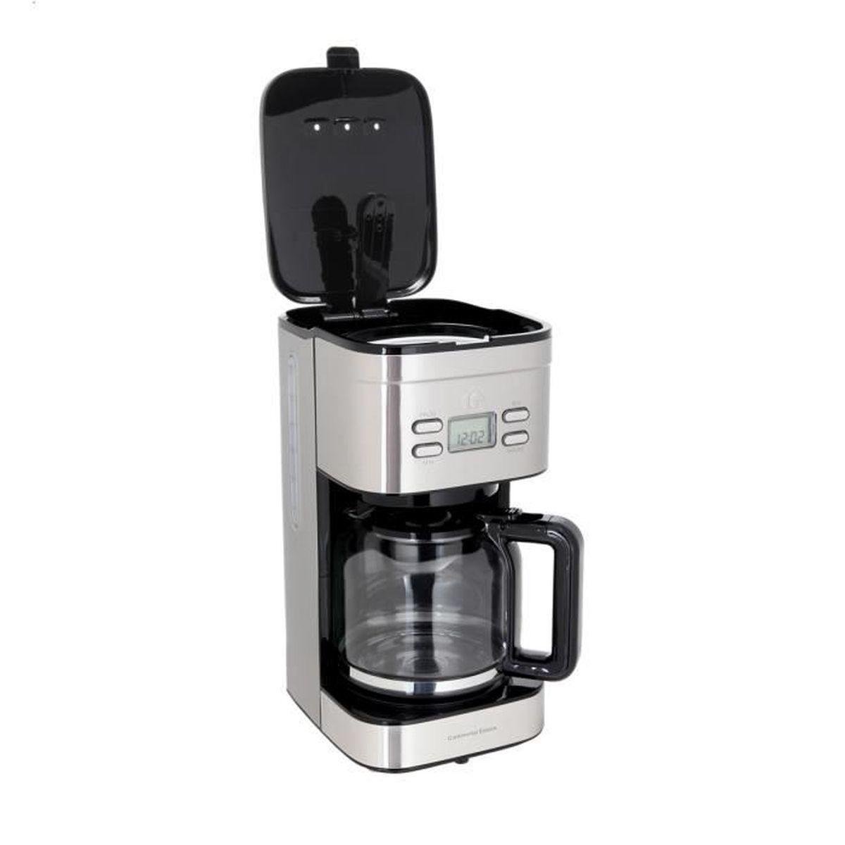 Una caffettiera argentata con il coperchio aperto. Ha una caraffa di vetro e un orologio digitale.