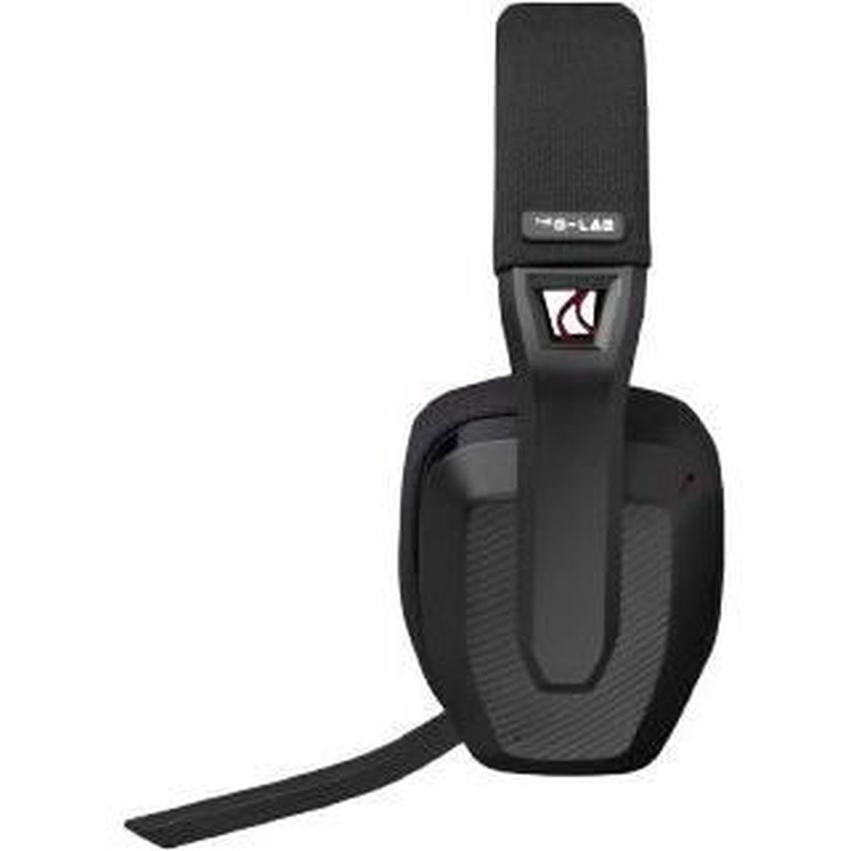 Schwarzes Gaming-Headset, Vorderansicht. Mikrofon und Ohrmuschel-Detail. Sauberes, modernes Design.