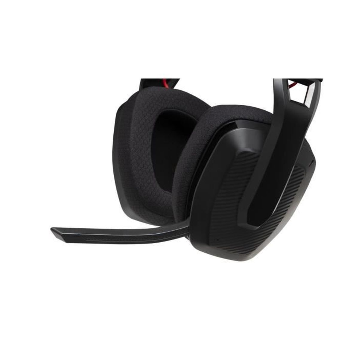 Schwarzes Gaming-Headset, angewinkelt. Mikrofon, Ohrmuscheln. Weißer Hintergrund. Modernes Design für Gamer.
