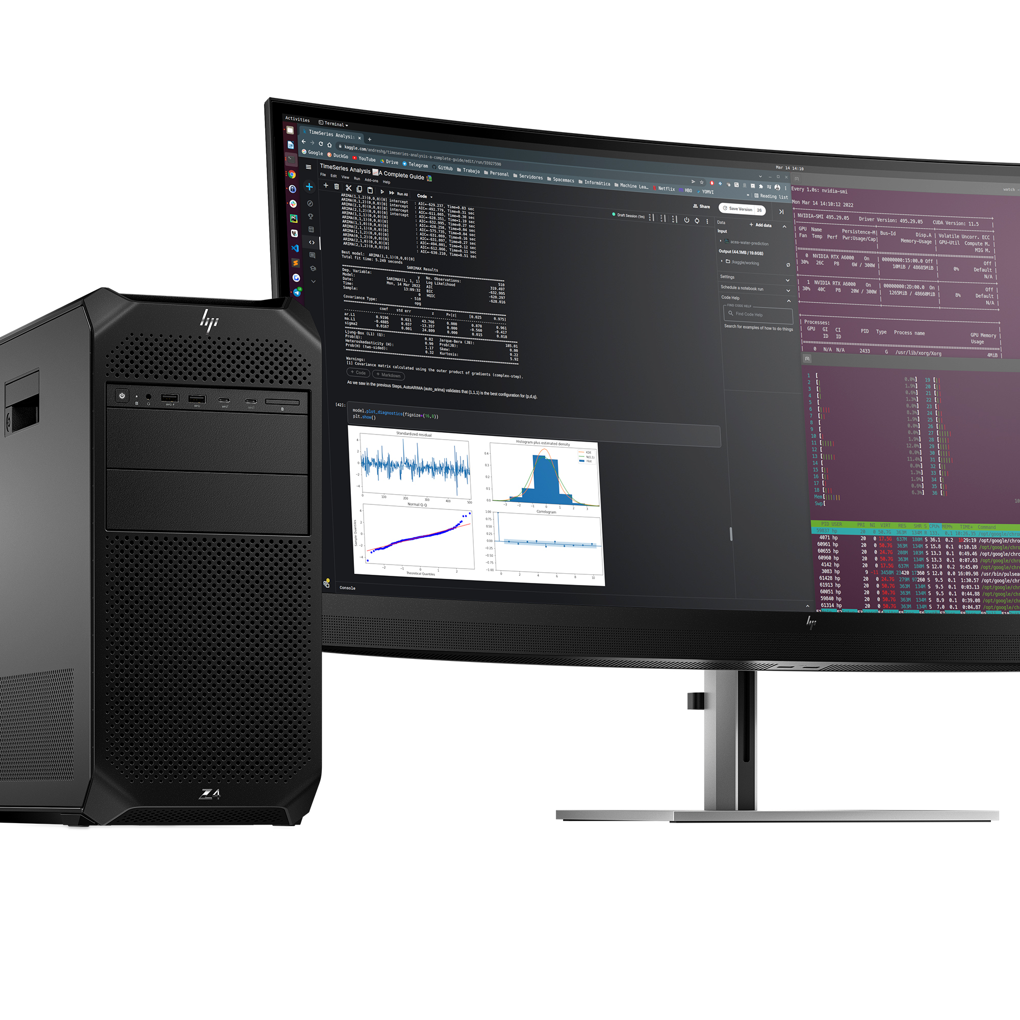 Un computer desktop nero accanto a un monitor che mostra codice e grafici.