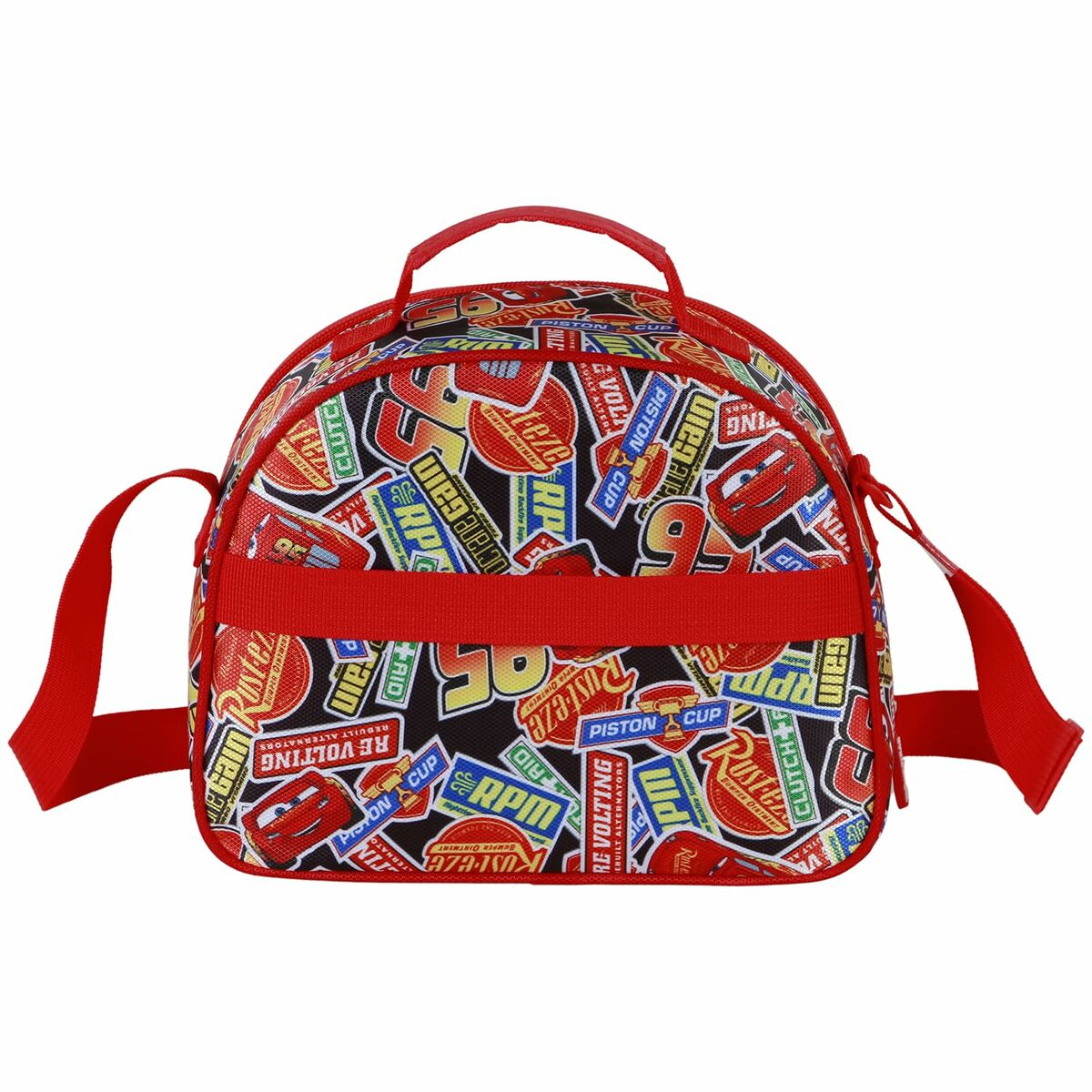 Eine rote Lunchtasche mit verschiedenen Aufklebern. Die Tasche hat einen roten Riemen und einen Griff.