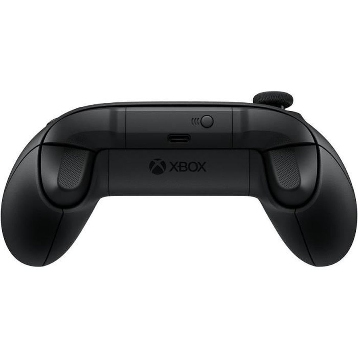 Schwarzer Xbox-Controller, Draufsicht. Das Xbox-Logo ist unten mittig auf dem Controller sichtbar.