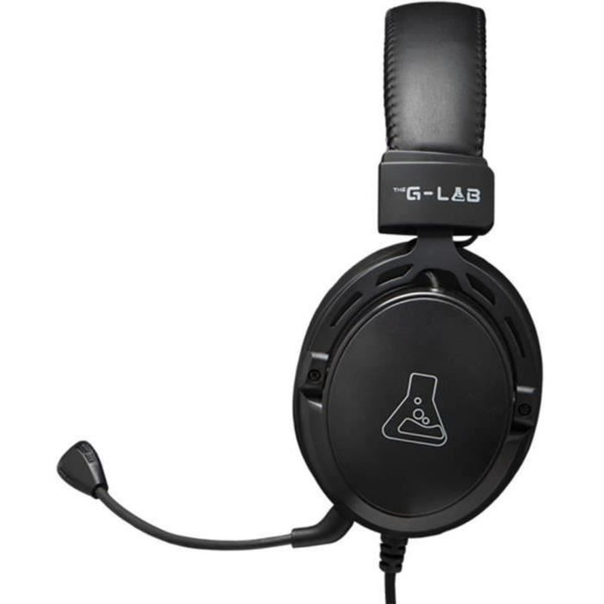 Schwarzes G-Lab-Headset mit Mikrofon. Das Headset steht im Fokus, das G-Lab-Logo ist sichtbar.