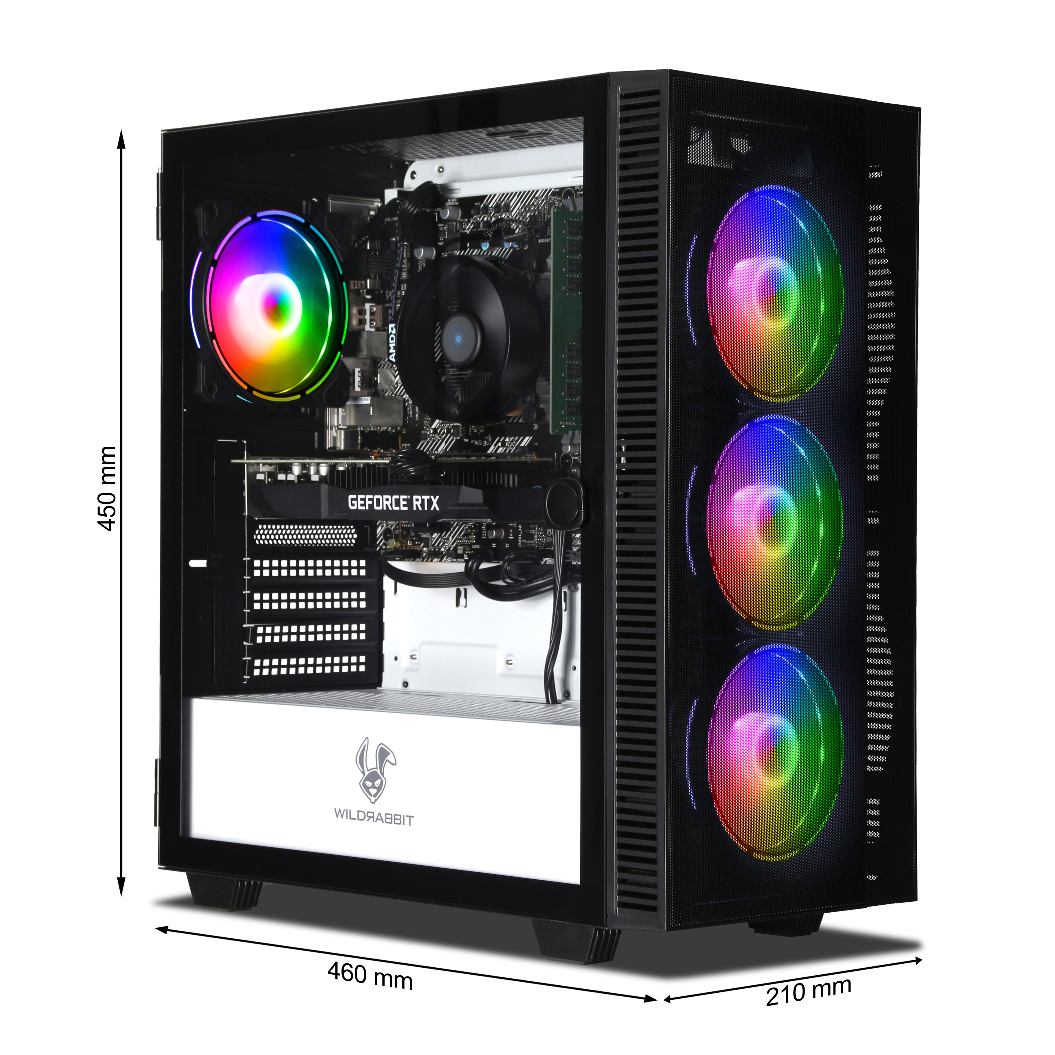 PC-Gehäuse mit Komponenten und RGB-Lüftern. Abmessungen sind 450x460x210mm. Ein Regenbogenlüfter ist sichtbar.