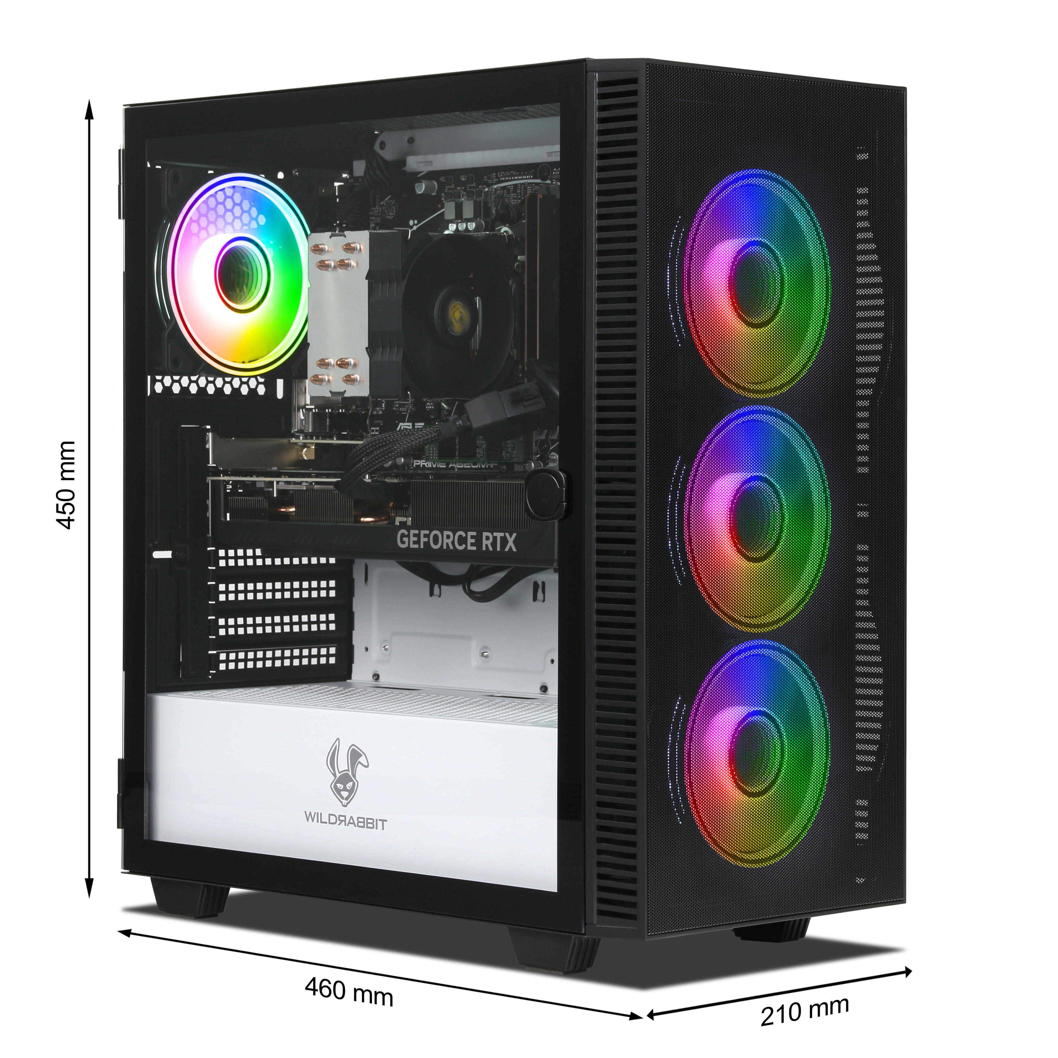 Schwarzes Computergehäuse mit RGB-Lüftern, Seitenansicht. Das Gehäuse ist offen und zeigt interne Komponenten. Die Abmessungen sind angegeben.