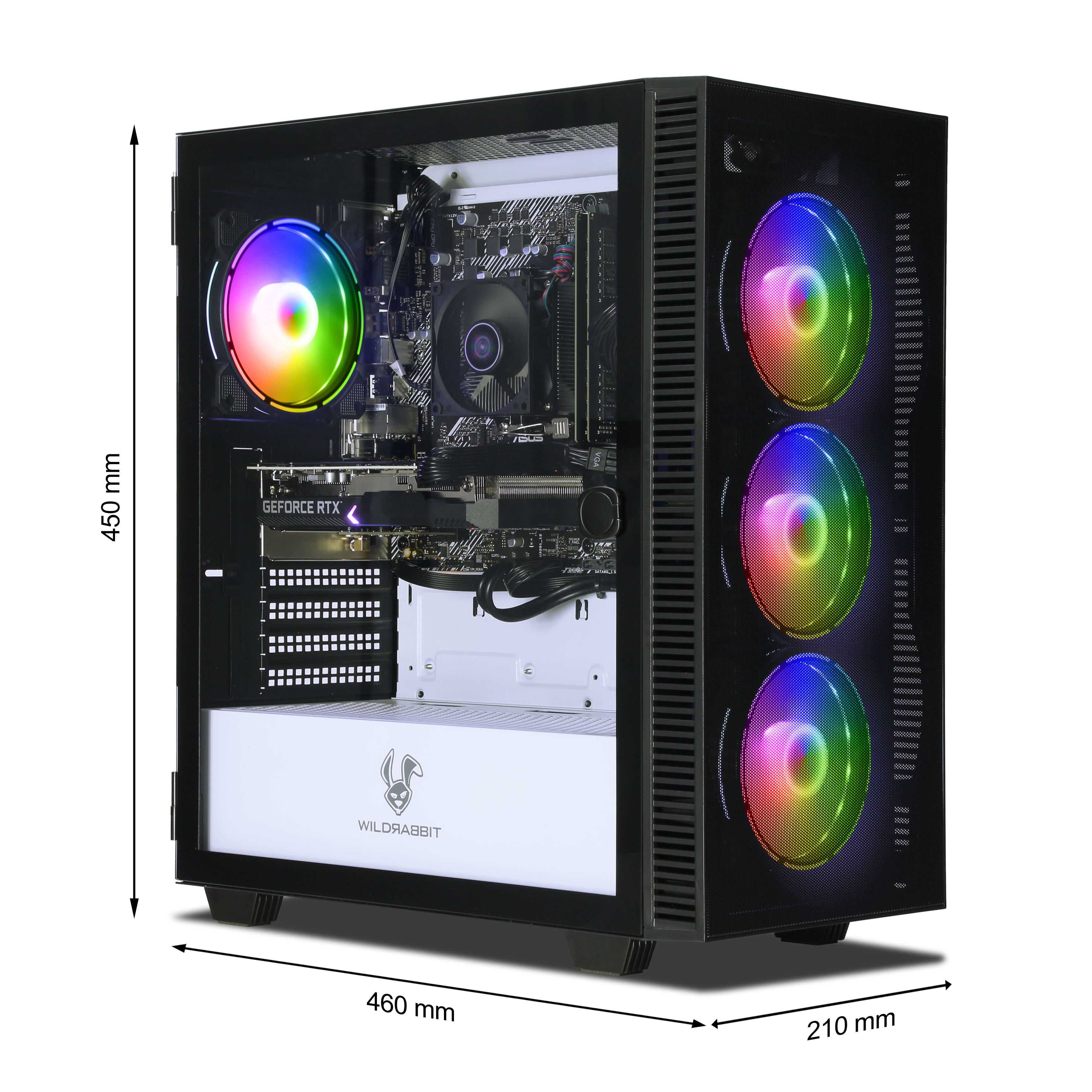 Schwarzes Computergehäuse mit RGB-Lüftern, Seitenansicht. Das Gehäuse ist offen und zeigt interne Komponenten. Die Abmessungen sind angegeben.