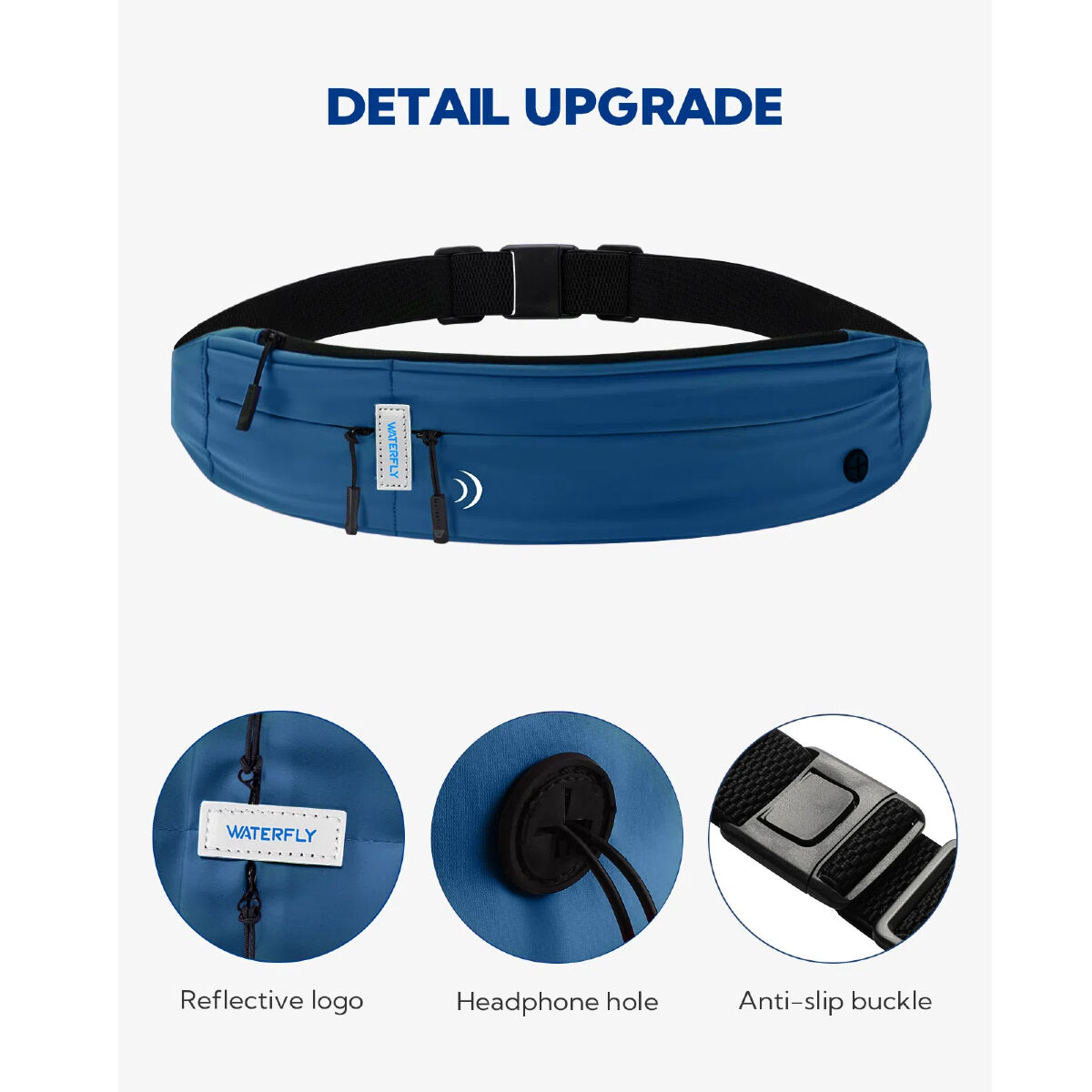 Cinturón de running azul con detalles: logo reflectante, orificio para auriculares y hebilla antideslizante. Fondo blanco.