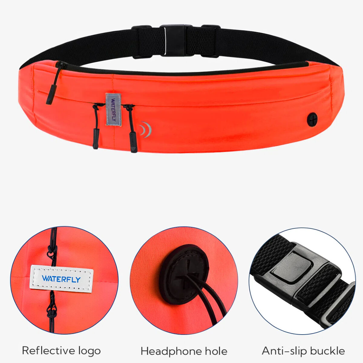 Cinturón para correr naranja con detalles. Incluye logo reflectante, orificio para auriculares y hebilla antideslizante.