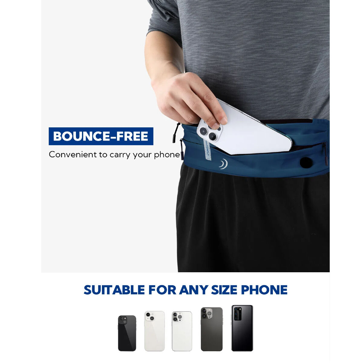 Una persona que lleva un teléfono en un cinturón de running azul. Además, se muestran teléfonos.