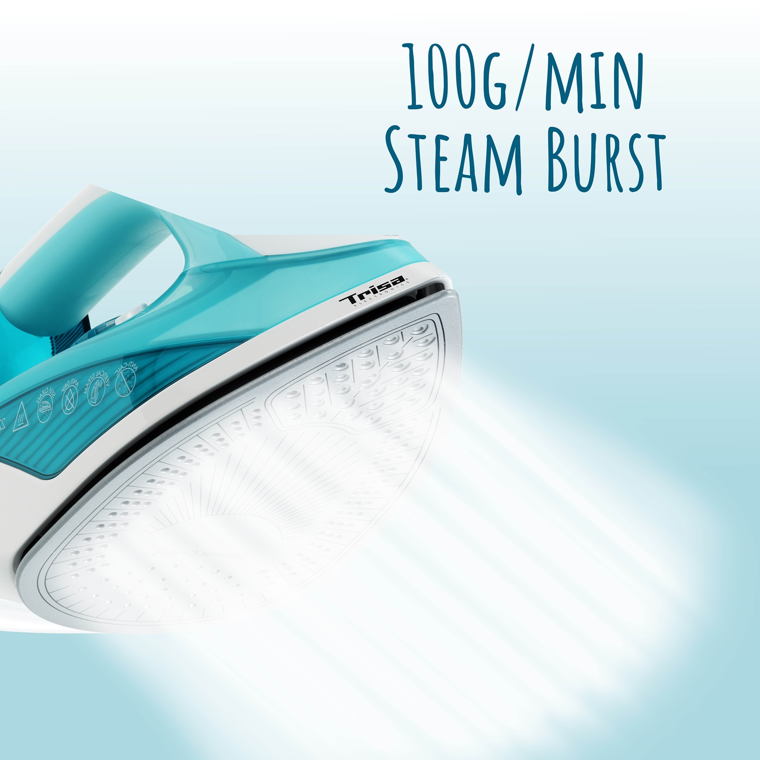 Ein weißes und türkisfarbenes Bügeleisen mit Dampf. Text: '100g/min Steam Burst'.